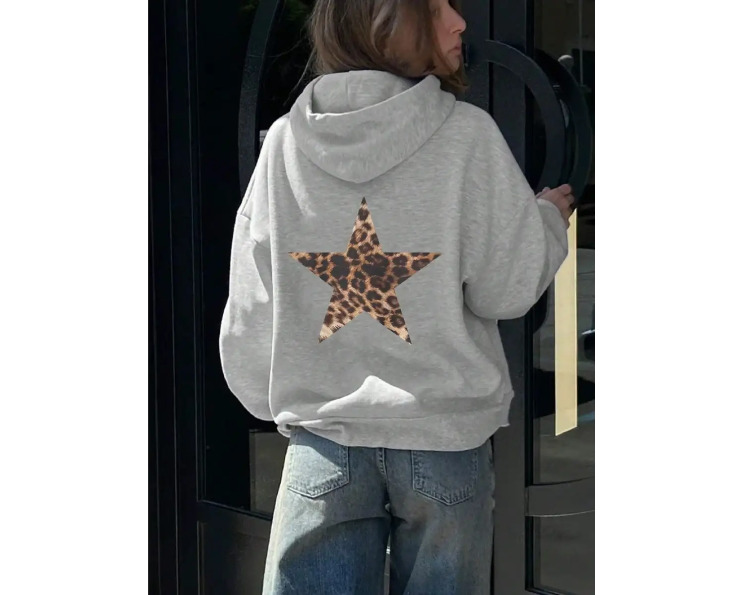 Rahat Kadın Kapüşonlular Leopar Pentagram Desen Baskı Kazaklar Gevşek Cep Sıcak Polar Tişörtü