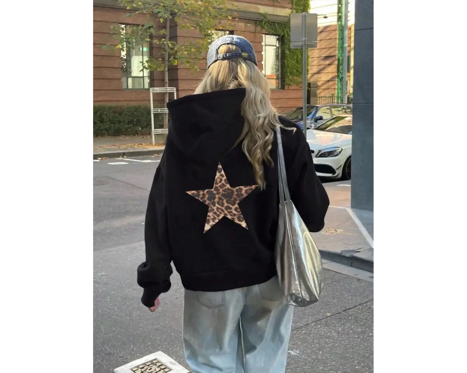 Rahat Kadın Kapüşonlular Leopar Pentagram Desen Baskı Kazaklar Gevşek Cep Sıcak Polar Tişörtü