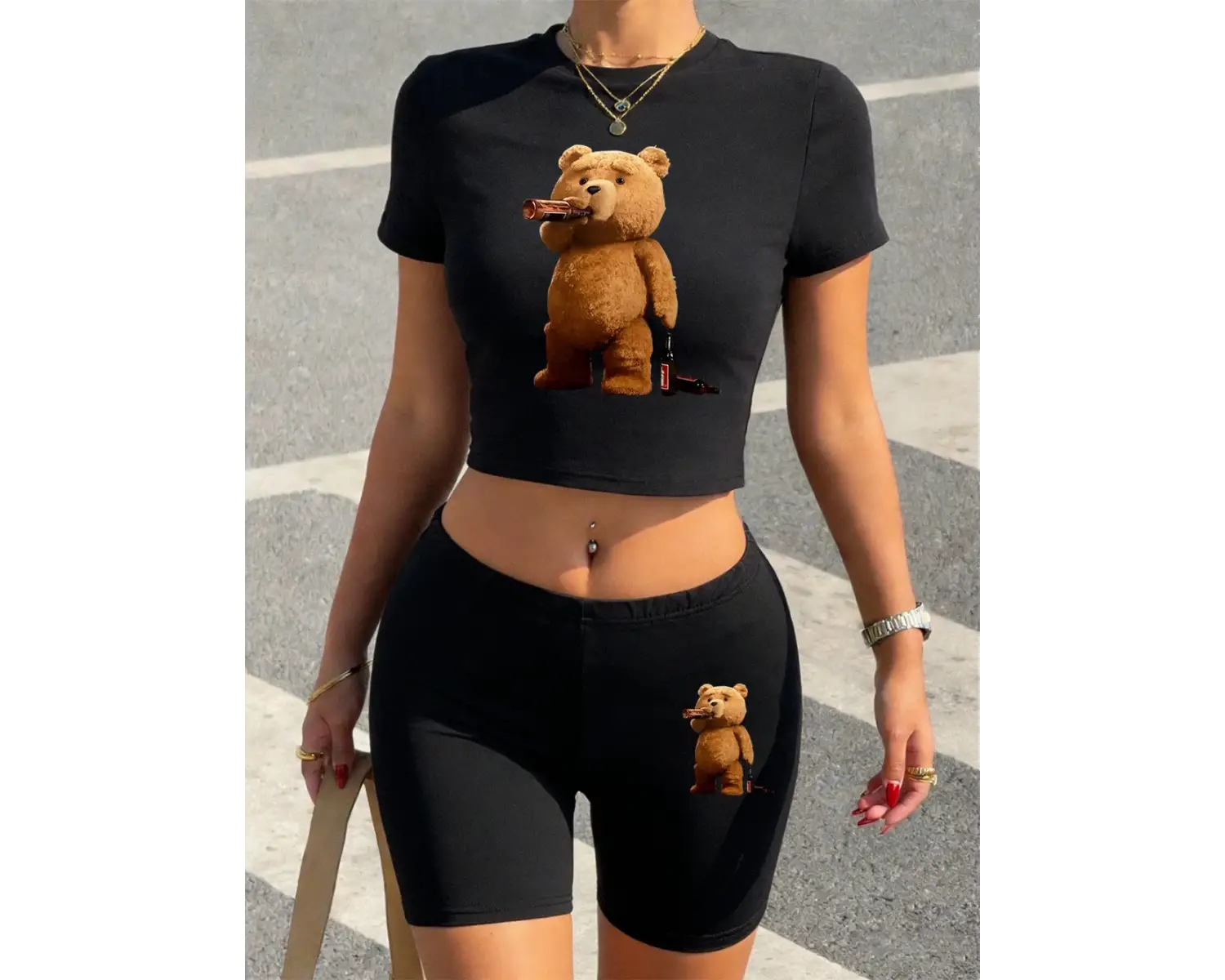 Rahat Melankolik Ayı Baskılı Babby Teelar Şortlar Kadın İki Parçalı Set Tişörtler Yumuşak İnce