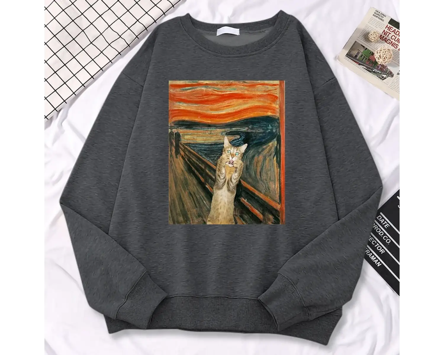 Rahat sokak kadın kazak yağlıboya CatS catbaskı Hoody rahat polar kazak gevşek sıcak kadın s