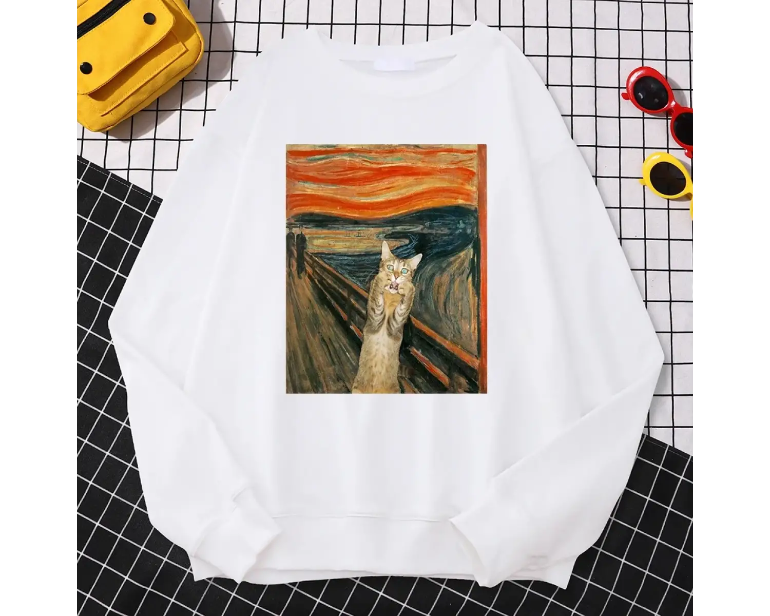 Rahat sokak kadın kazak yağlıboya CatS catbaskı Hoody rahat polar kazak gevşek sıcak kadın s