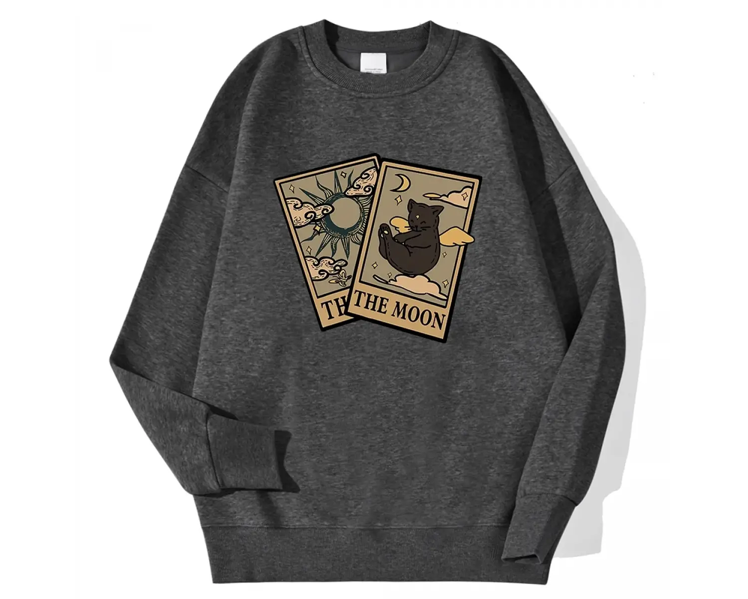 Rahat Vintage Kadın Tişörtü Tarot Ayı ve Ay Baskılı Kapüşonlular Polar Sıcak Kazak Sokak Crew