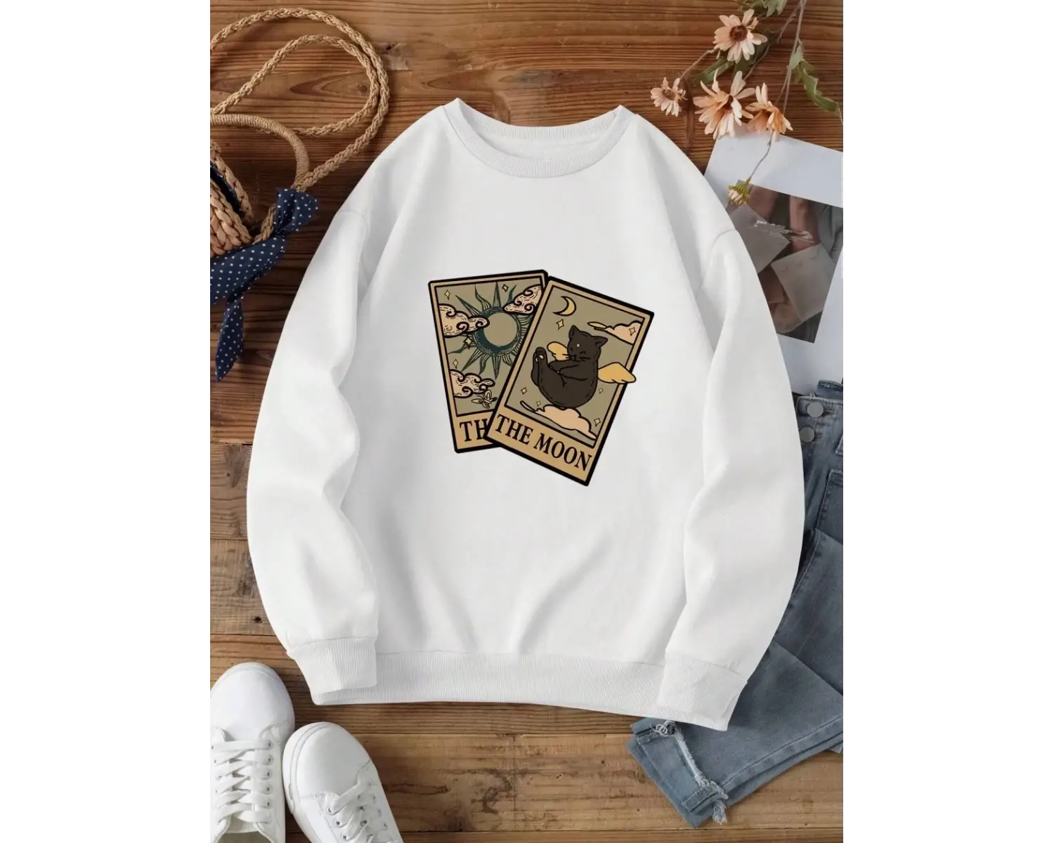 Rahat Vintage Kadın Tişörtü Tarot Ayı ve Ay Baskılı Kapüşonlular Polar Sıcak Kazak Sokak Crew