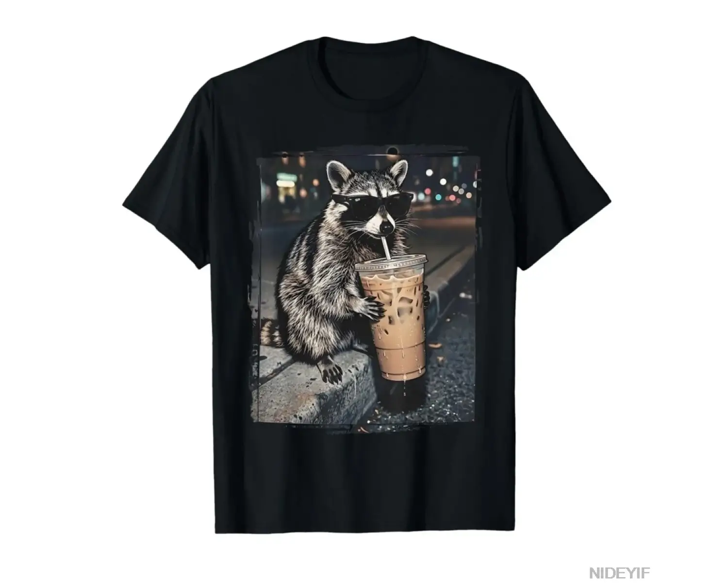 Rakun Buzlu Kahve İçiyor Komik Hayvan Meme T-shirt Erkekler Kadınlar Için % 100% Pamuk T Shir