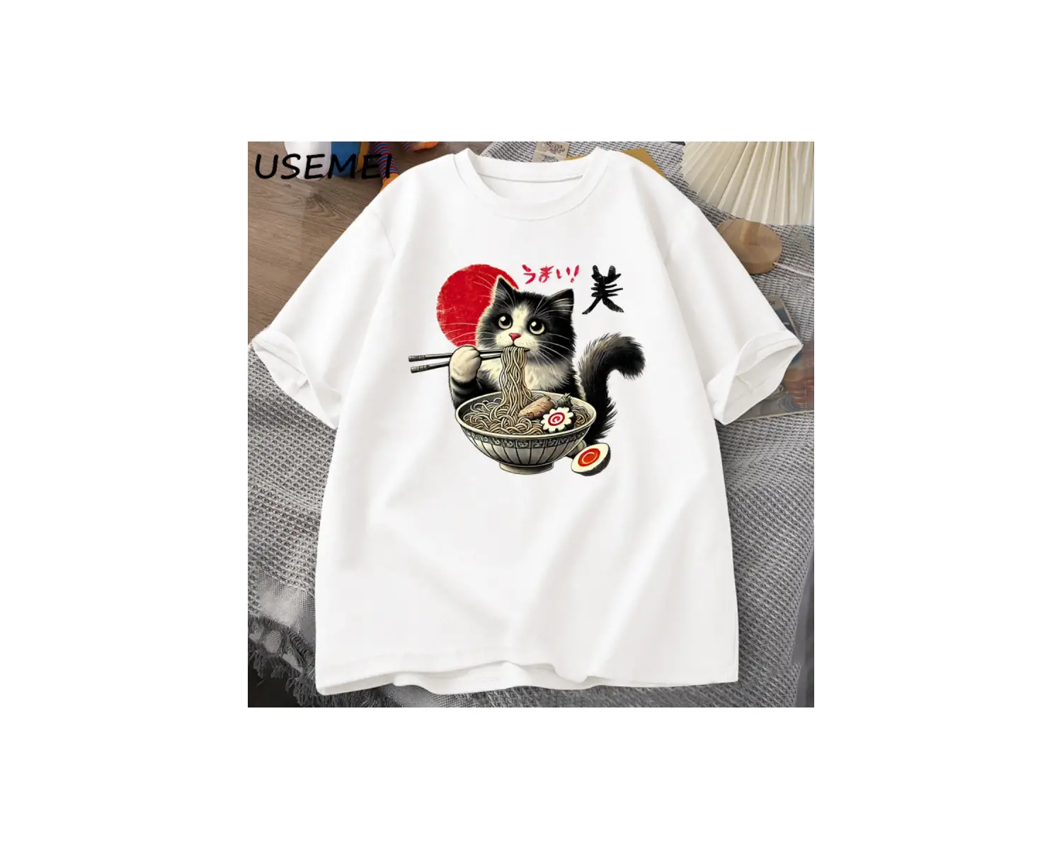 Ramen Kedi T-Shirt Erkek Kadın Japon Foodie Tee Komik Kedi Şehriye T-Shirt Komik Kitty Ramen 3010