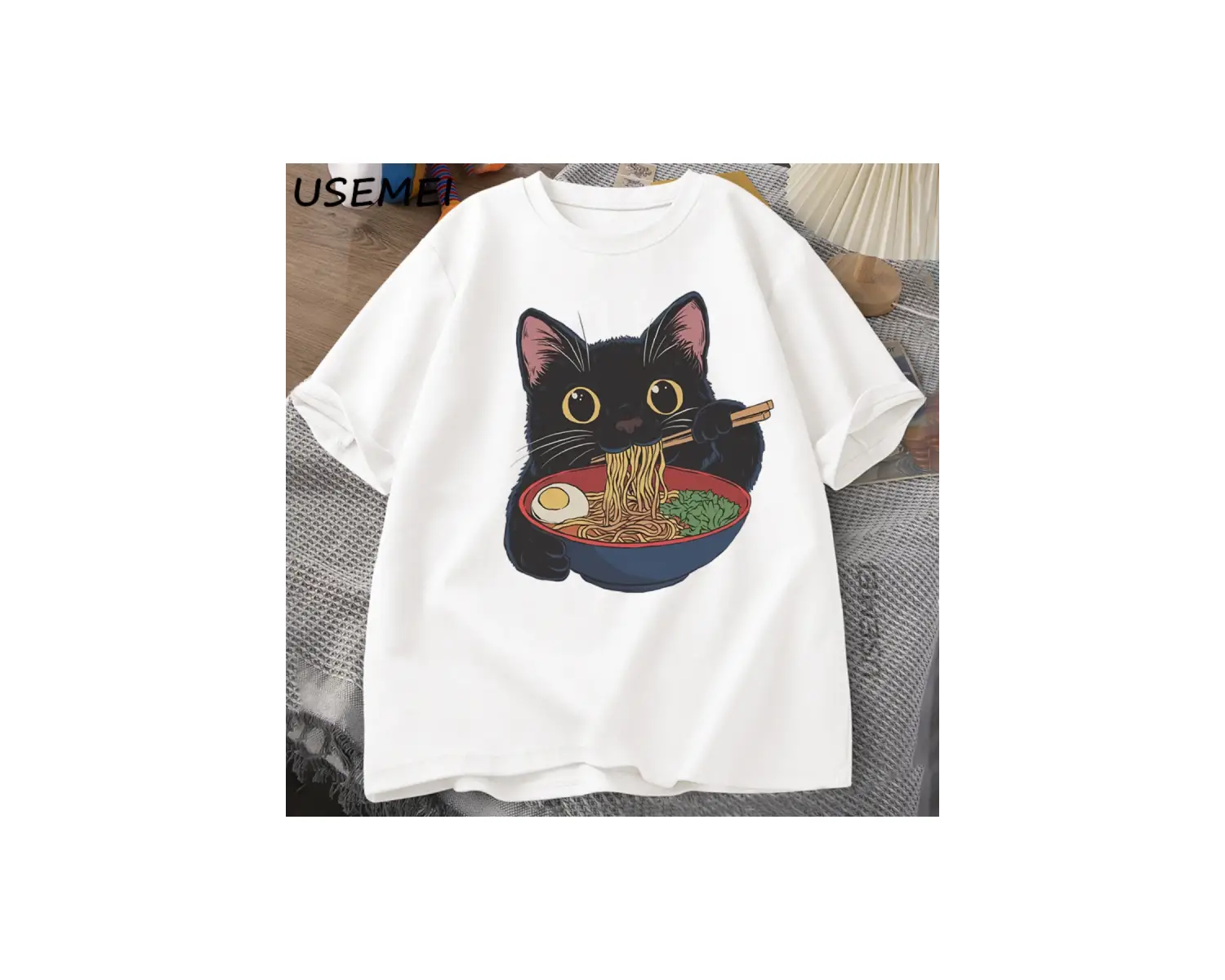 Ramen Kedi Tshirt Japon Tarzı Kedi Sevgilisi T-Shirt Kawaii Karikatür Pamuk Kısa Kollu T Shir 2863