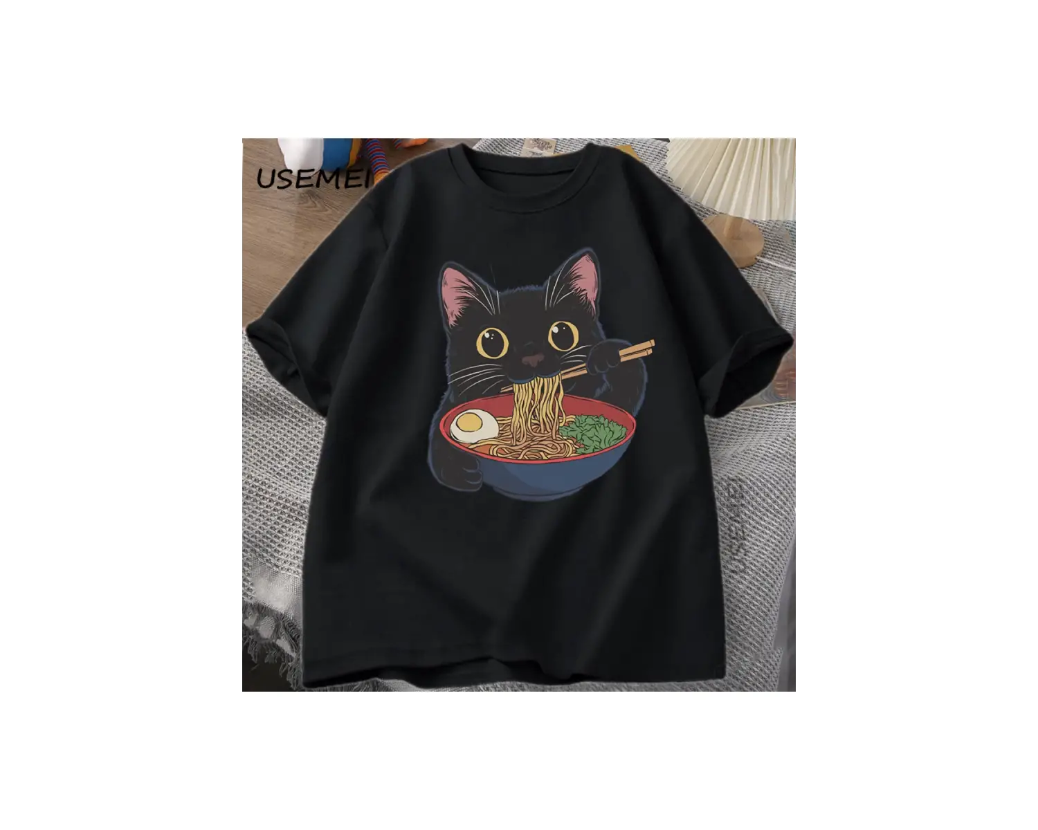 Ramen Kedi Tshirt Japon Tarzı Kedi Sevgilisi T-Shirt Kawaii Karikatür Pamuk Kısa Kollu T Shir 2863
