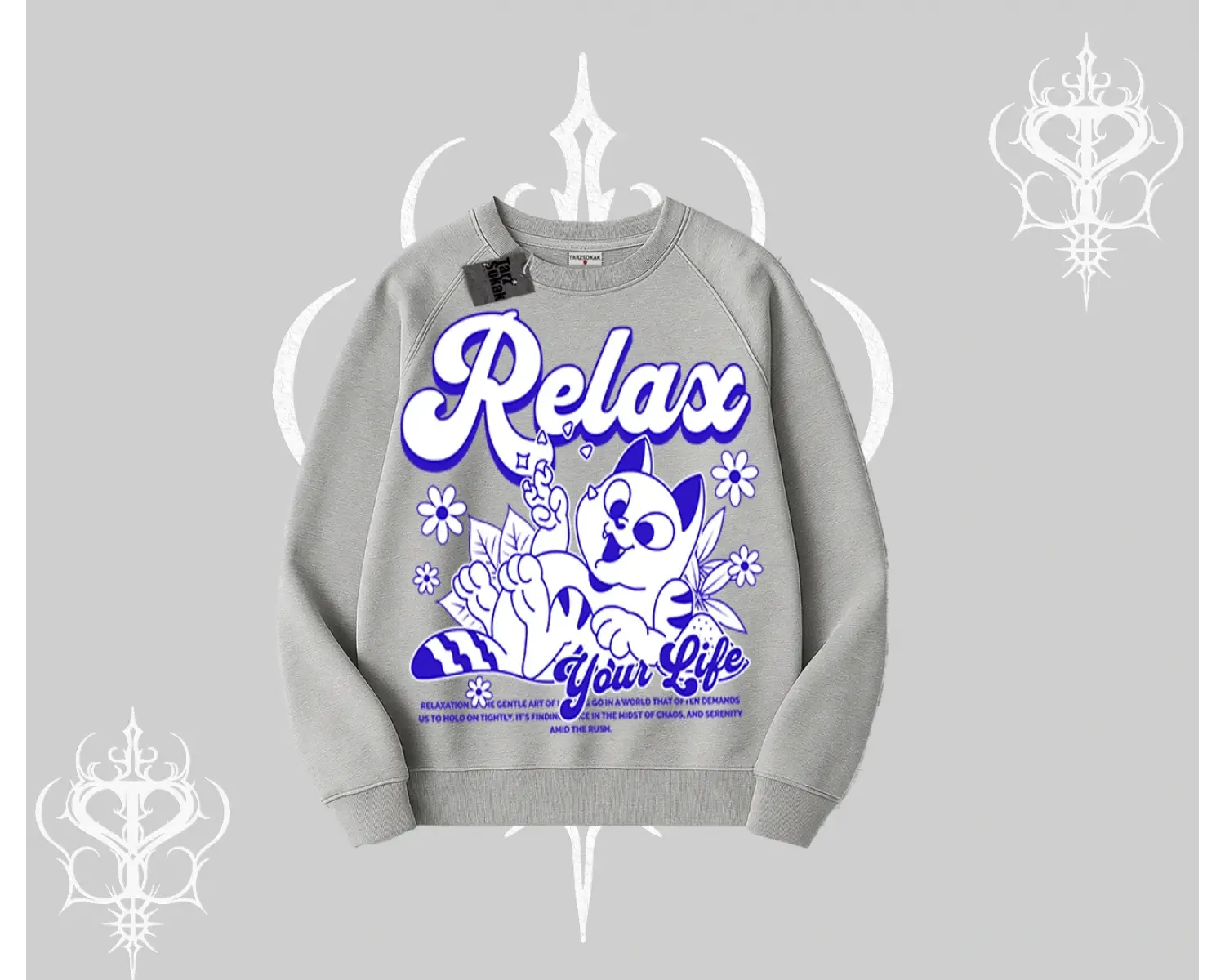 Relax Kedi Baskılı Biskilet Sweatshirt