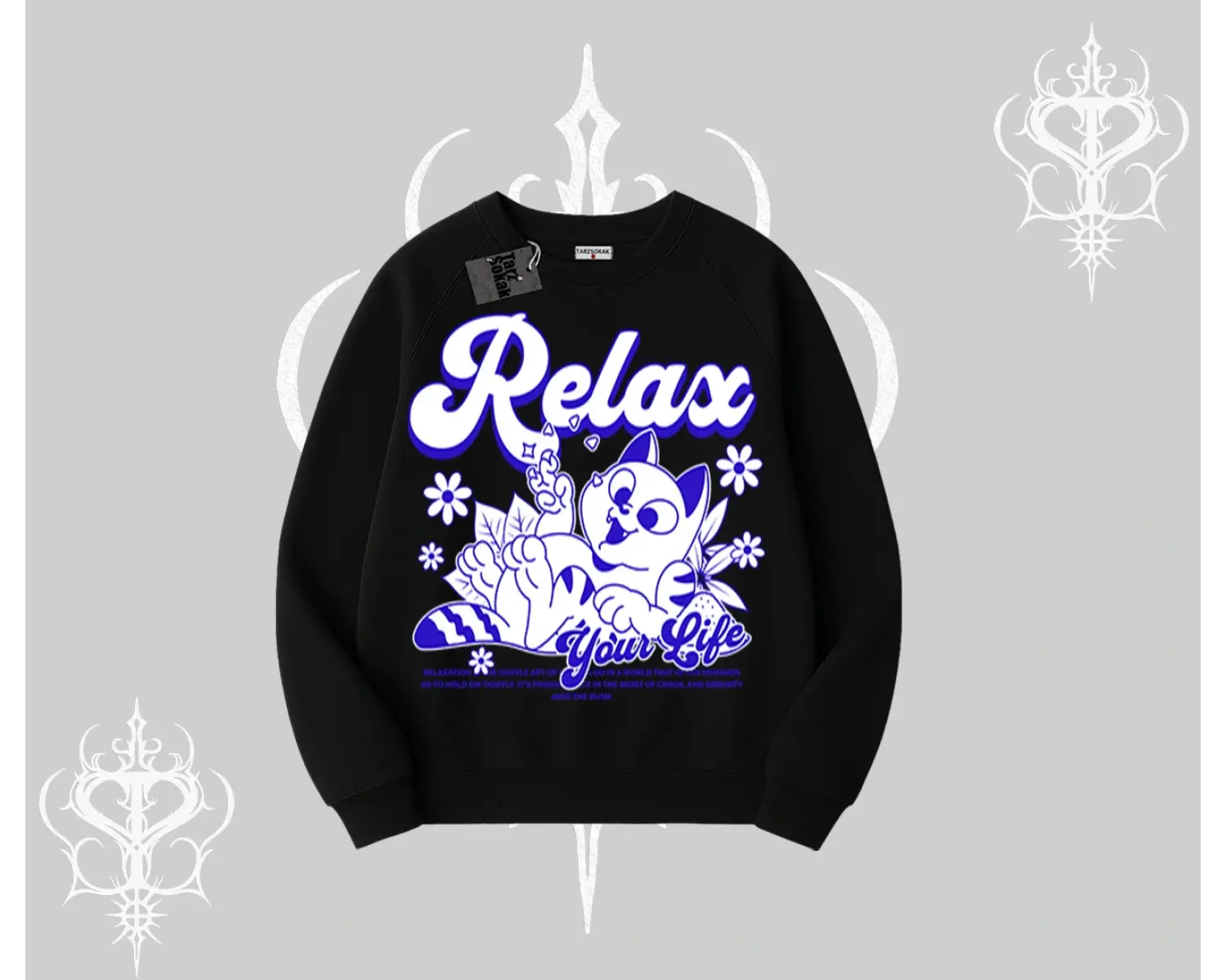 Relax Kedi Baskılı Biskilet Sweatshirt