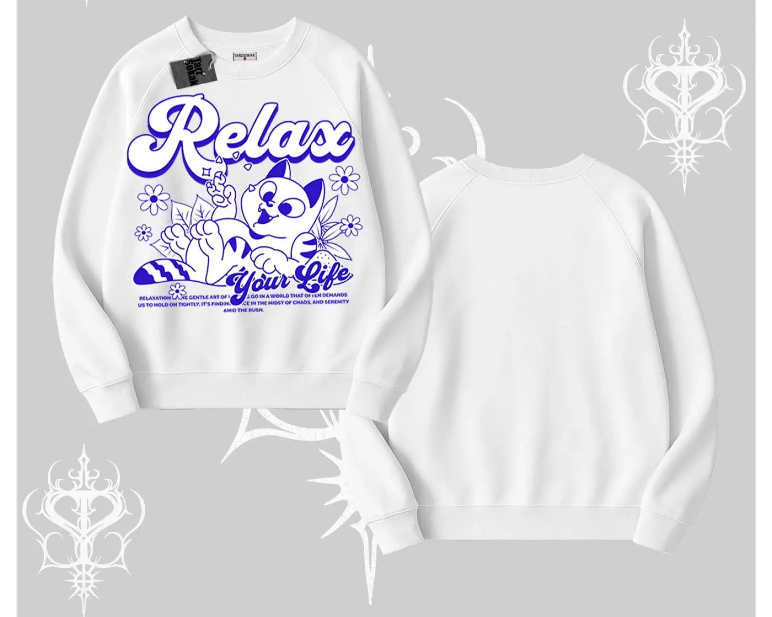 Relax Kedi Baskılı Biskilet Sweatshirt