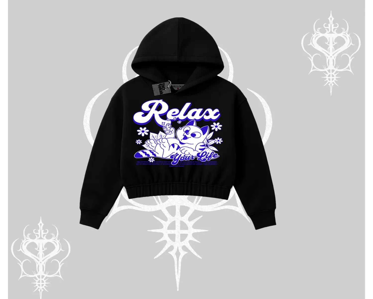 Relax Kedi Baskılı Kapşonlu Crop Sweatshirt
