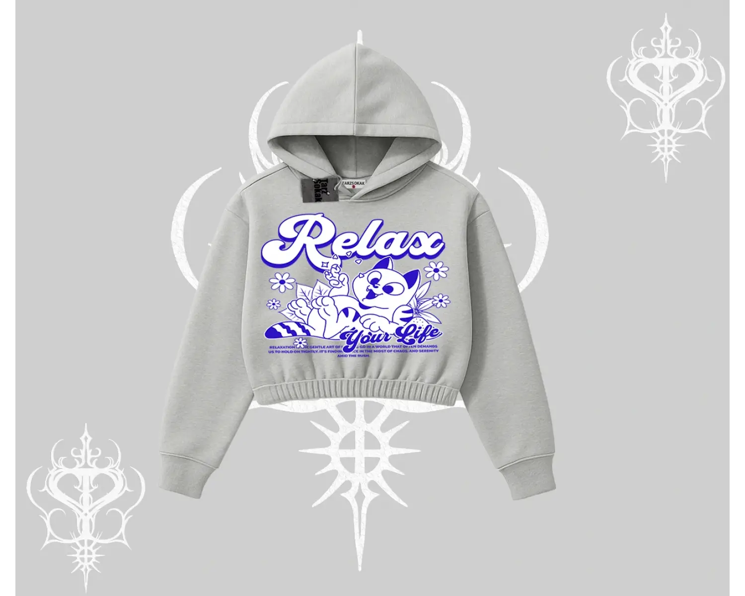 Relax Kedi Baskılı Kapşonlu Crop Sweatshirt