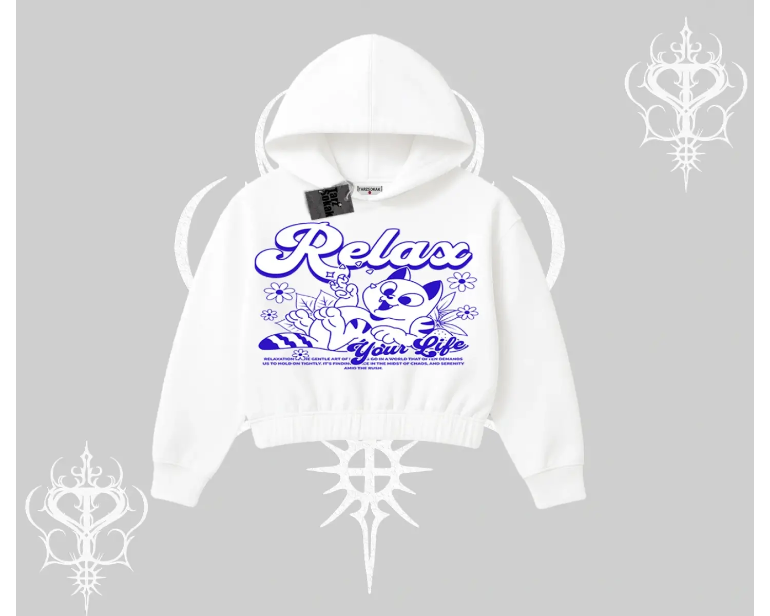 Relax Kedi Baskılı Kapşonlu Crop Sweatshirt