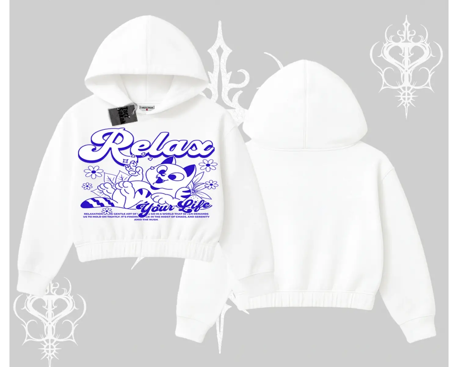 Relax Kedi Baskılı Kapşonlu Crop Sweatshirt