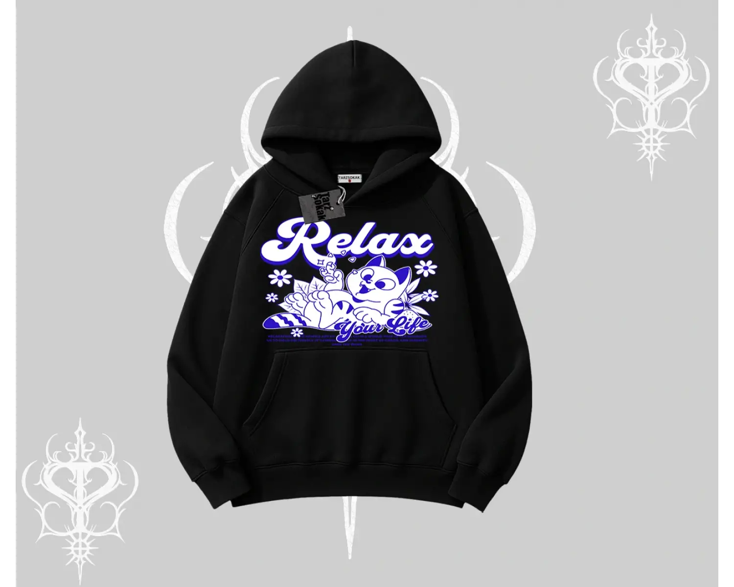 Relax Kedi Baskılı Kapşonlu Sweatshirt