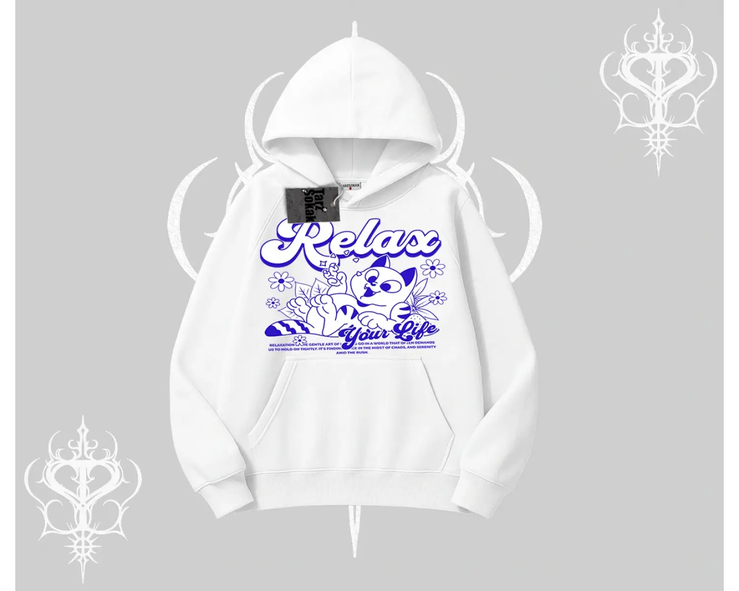 Relax Kedi Baskılı Kapşonlu Sweatshirt