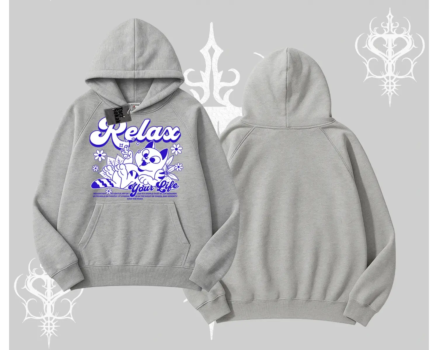 Relax Kedi Baskılı Kapşonlu Sweatshirt