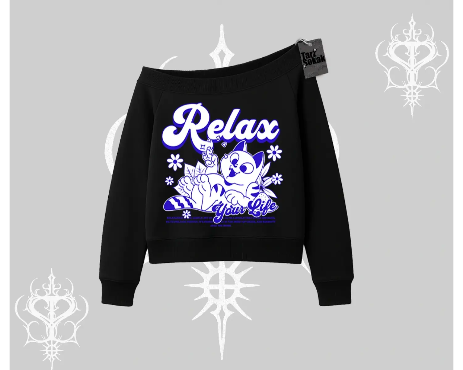 Relax Kedi Baskılı Kayık Yaka Sweatshirt