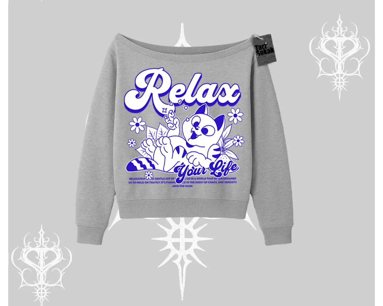 Relax Kedi Baskılı Kayık Yaka Sweatshirt