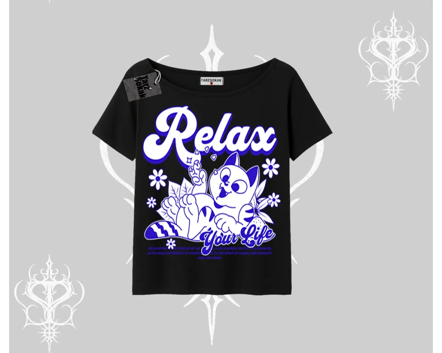 Relax Kedi Baskılı Kayık Yaka Tshirt