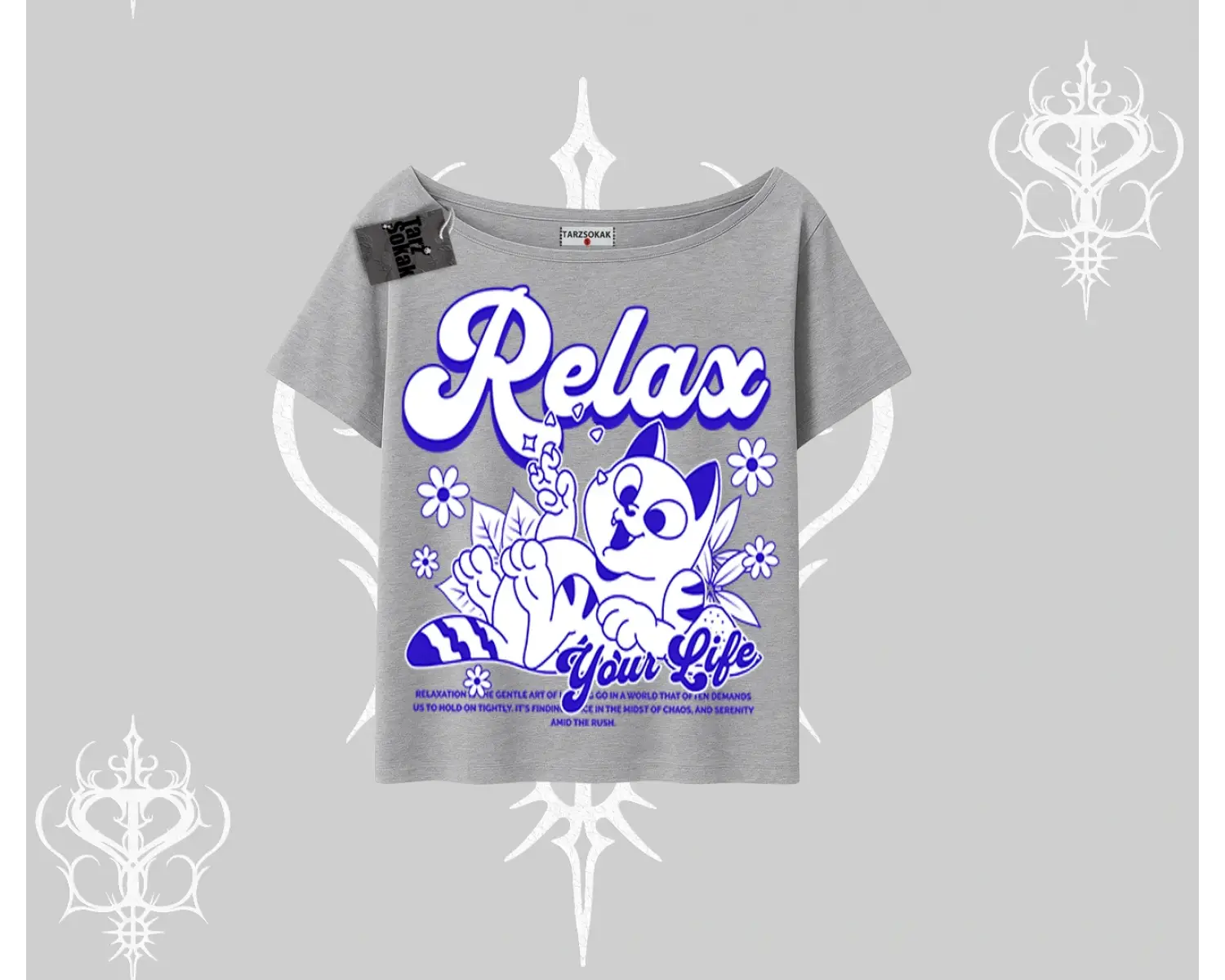 Relax Kedi Baskılı Kayık Yaka Tshirt