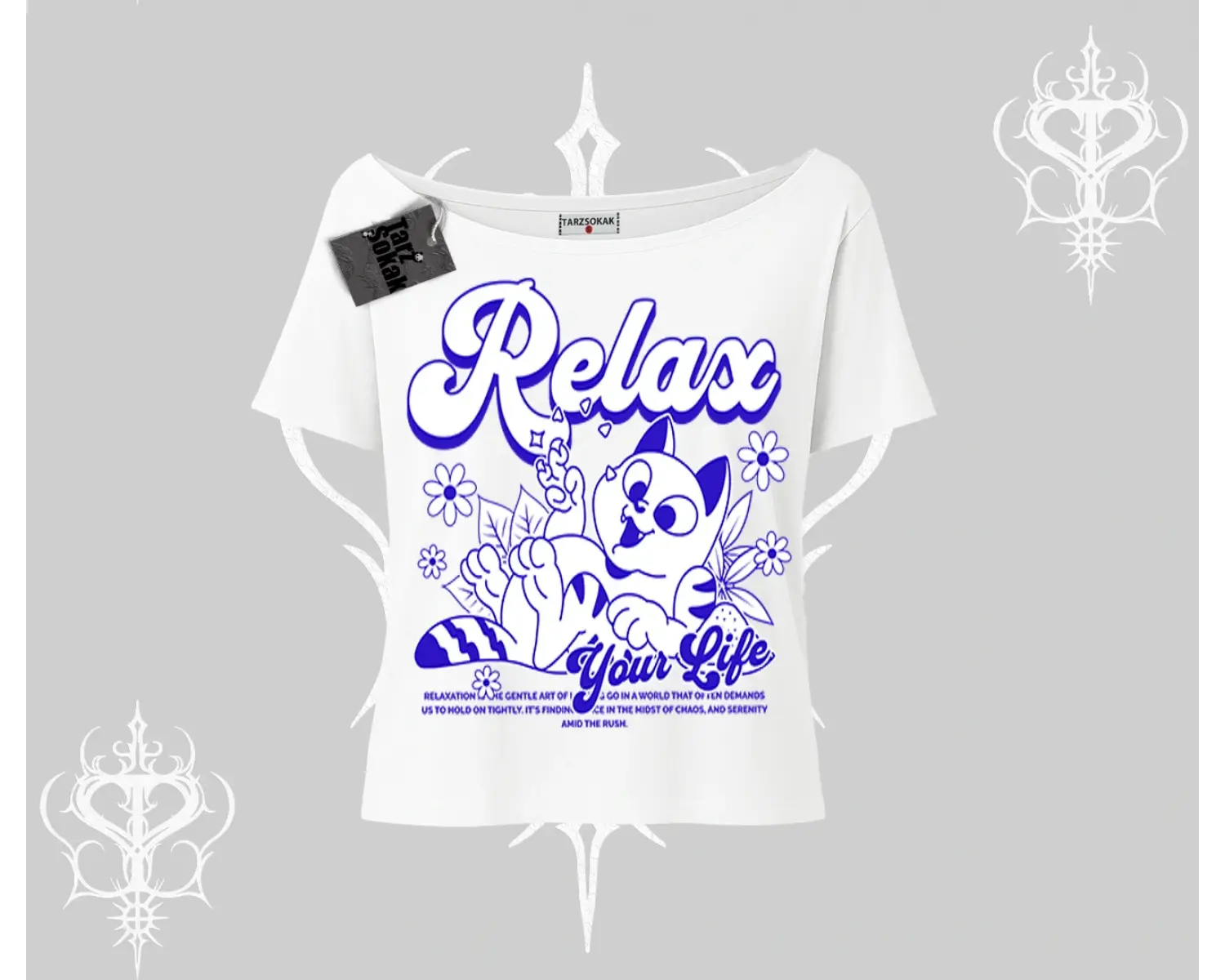 Relax Kedi Baskılı Kayık Yaka Tshirt