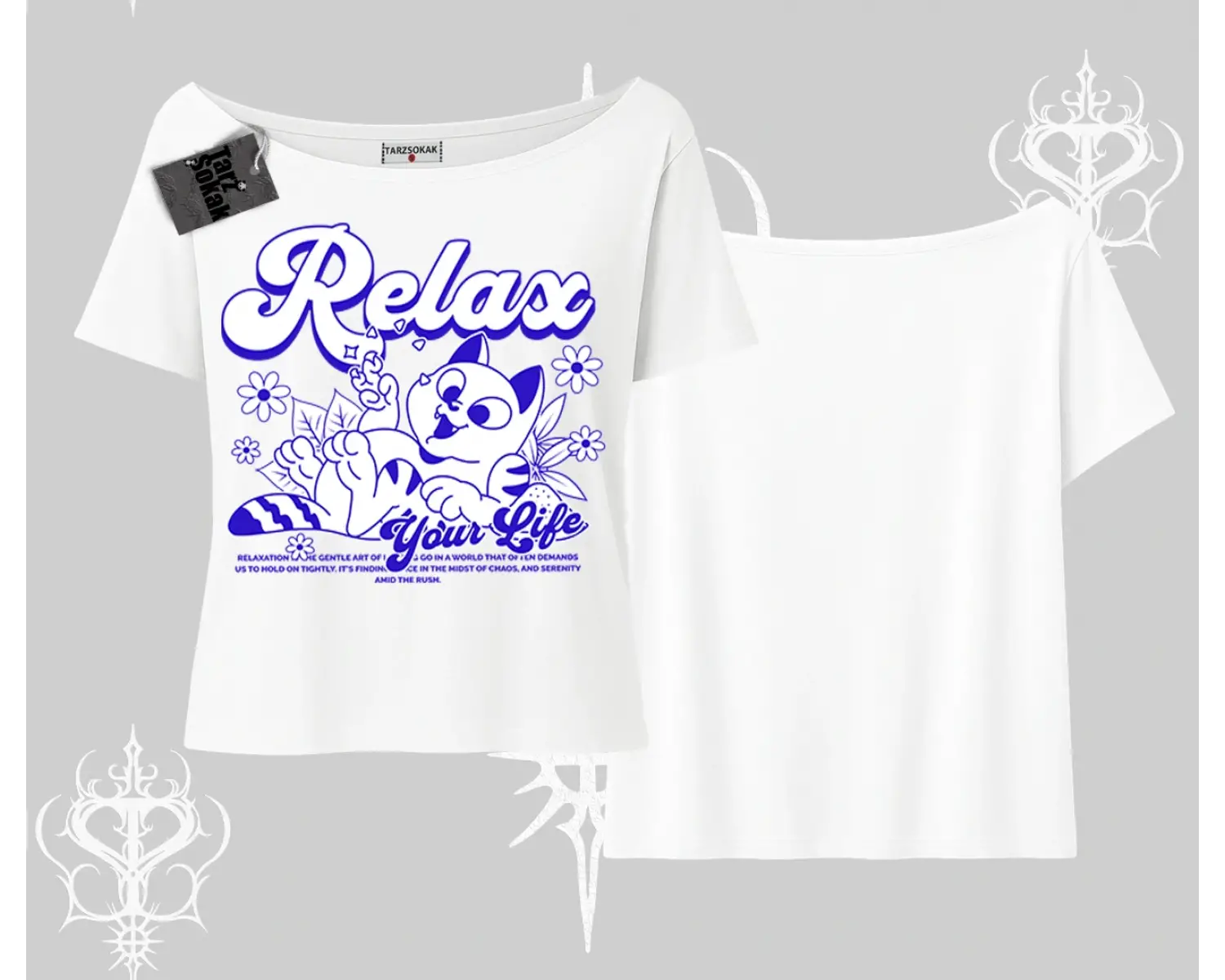 Relax Kedi Baskılı Kayık Yaka Tshirt