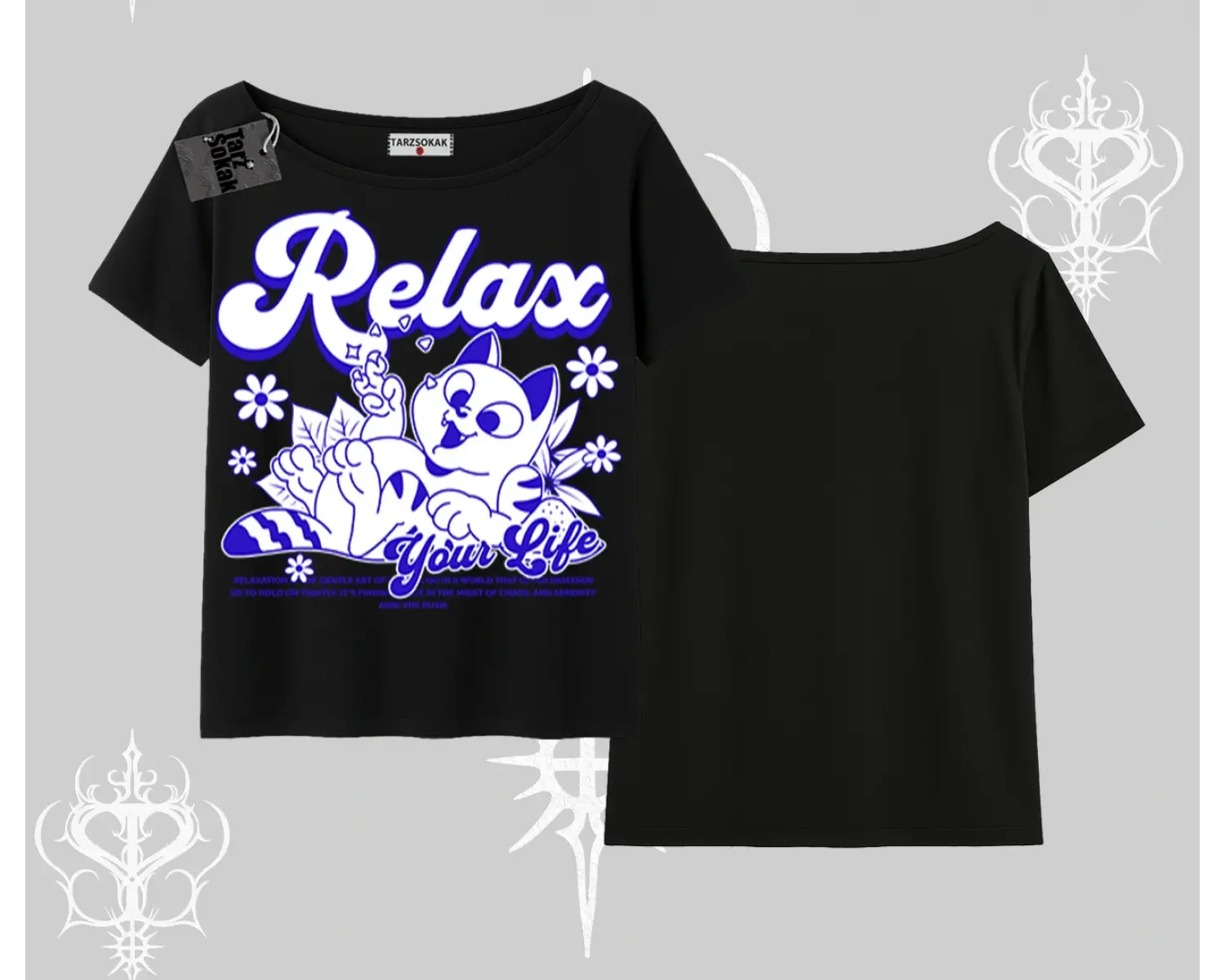 Relax Kedi Baskılı Kayık Yaka Tshirt