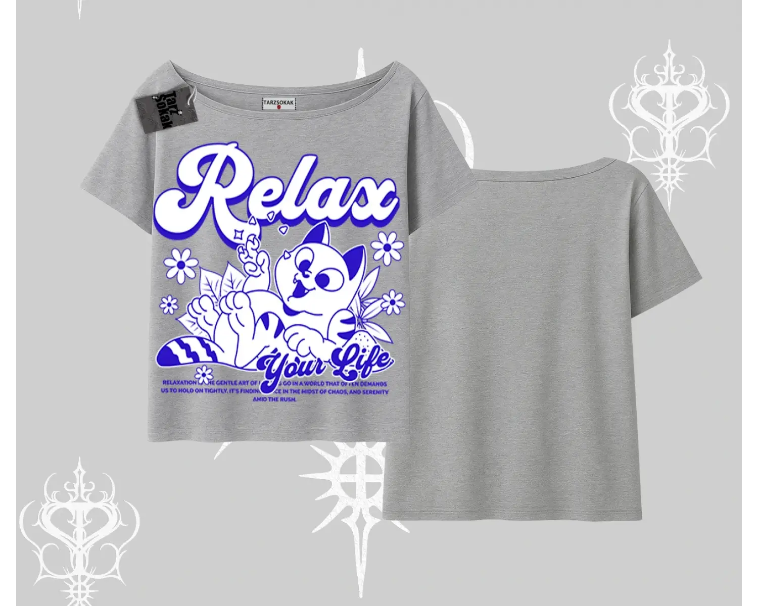 Relax Kedi Baskılı Kayık Yaka Tshirt