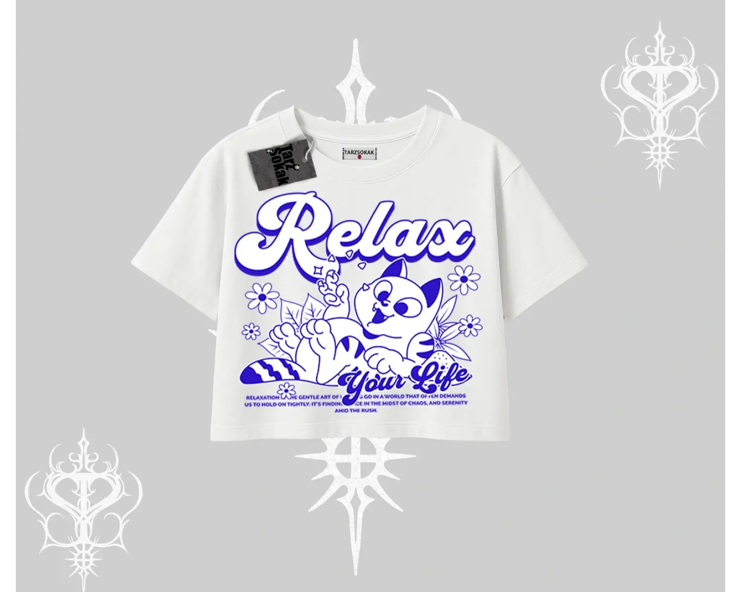 Relax Kedi Baskılı Oversize Crop Tshirt