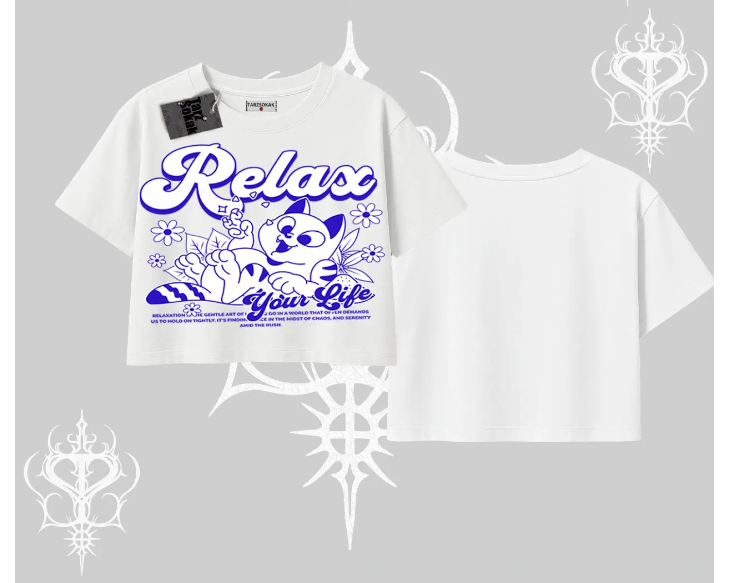 Relax Kedi Baskılı Oversize Crop Tshirt