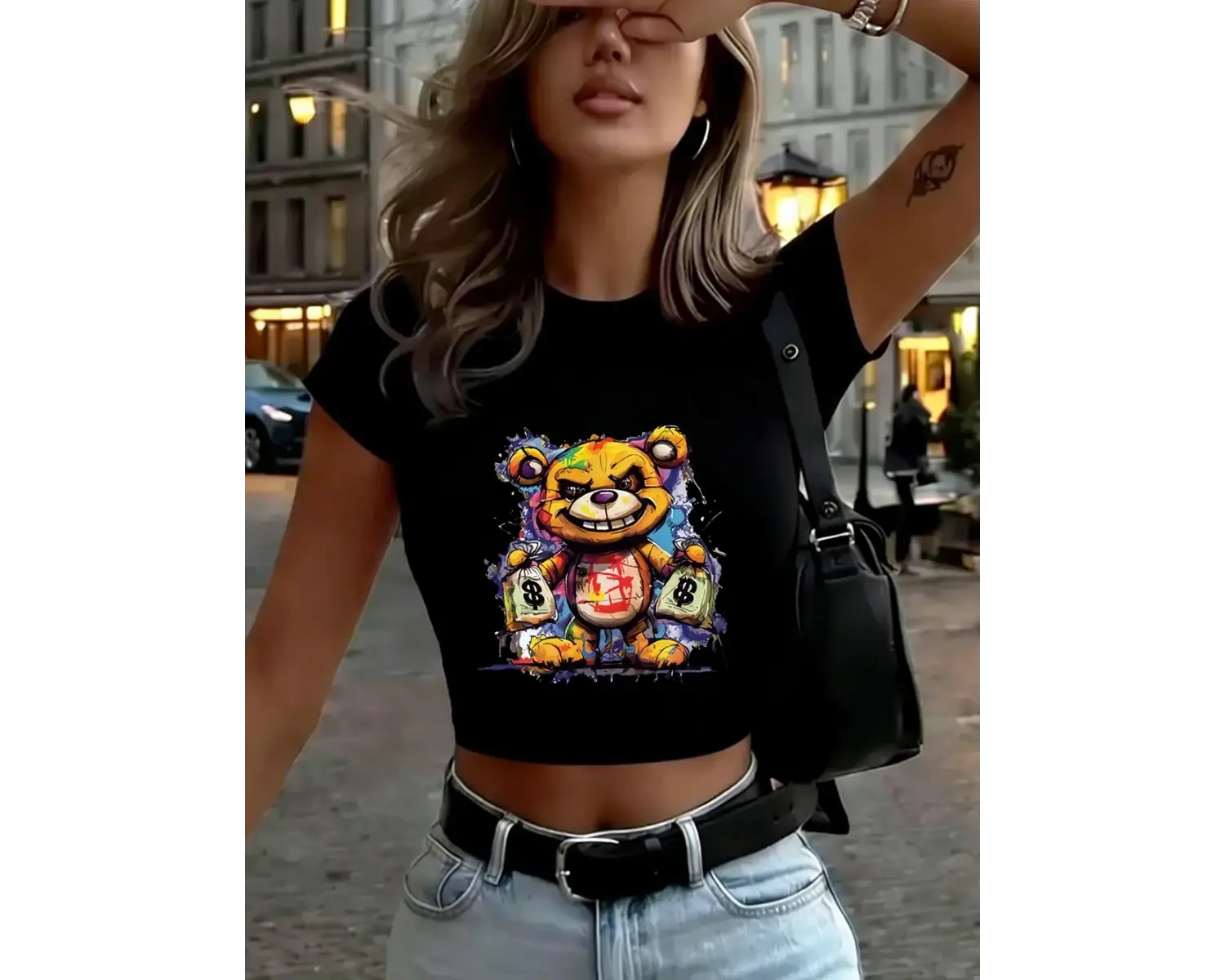 Renkli Ayı Para Çantası Tutan Baskılar Kadın Kırpma Tişörtleri Yaz O-Boyun Üstleri Yüksek Ela