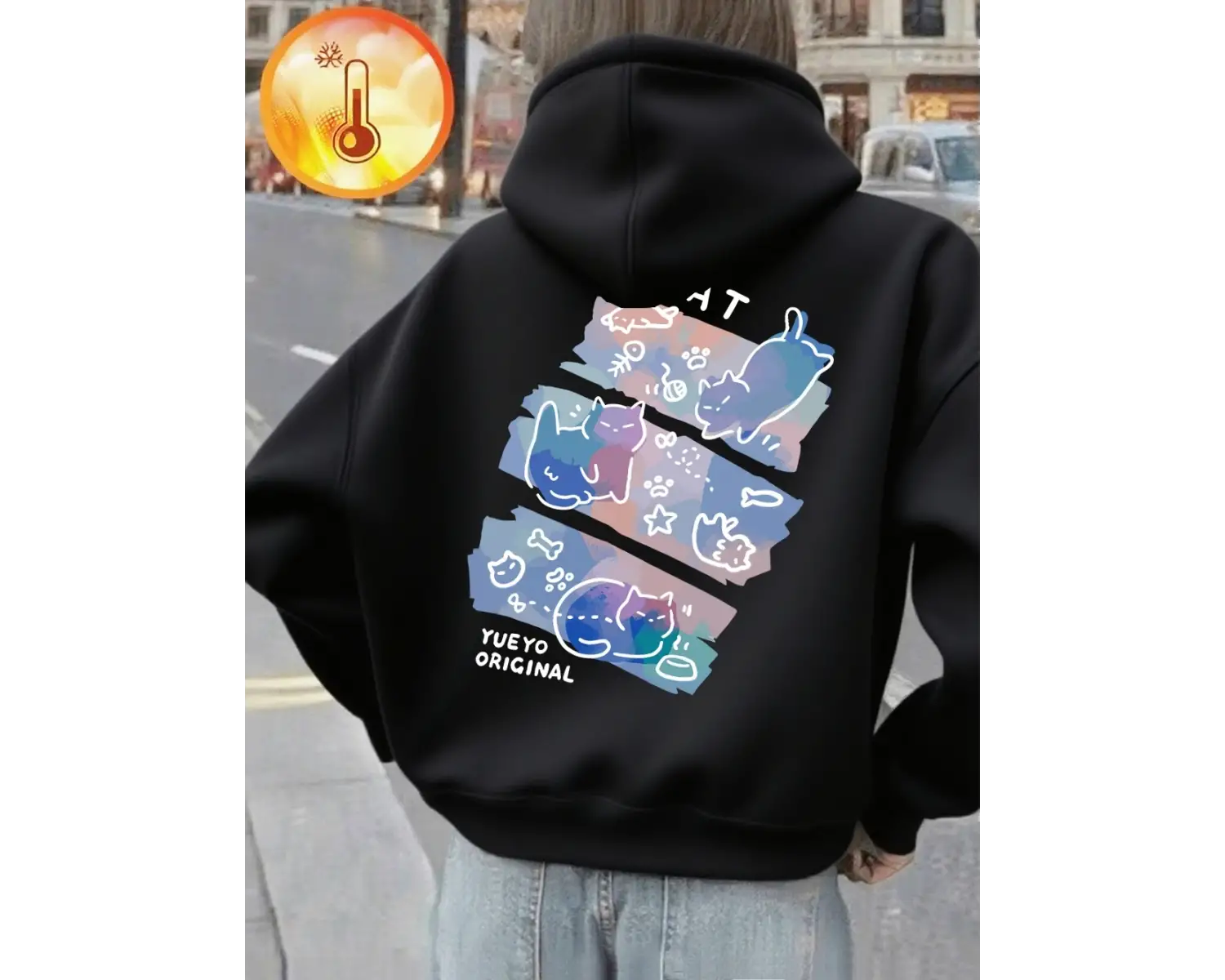 Renkli Üç Kedi Trendy Baskılar Kapüşonlular Kadın Rahat Gevşek Kazak Kış Polar Sıcak Kazak Te