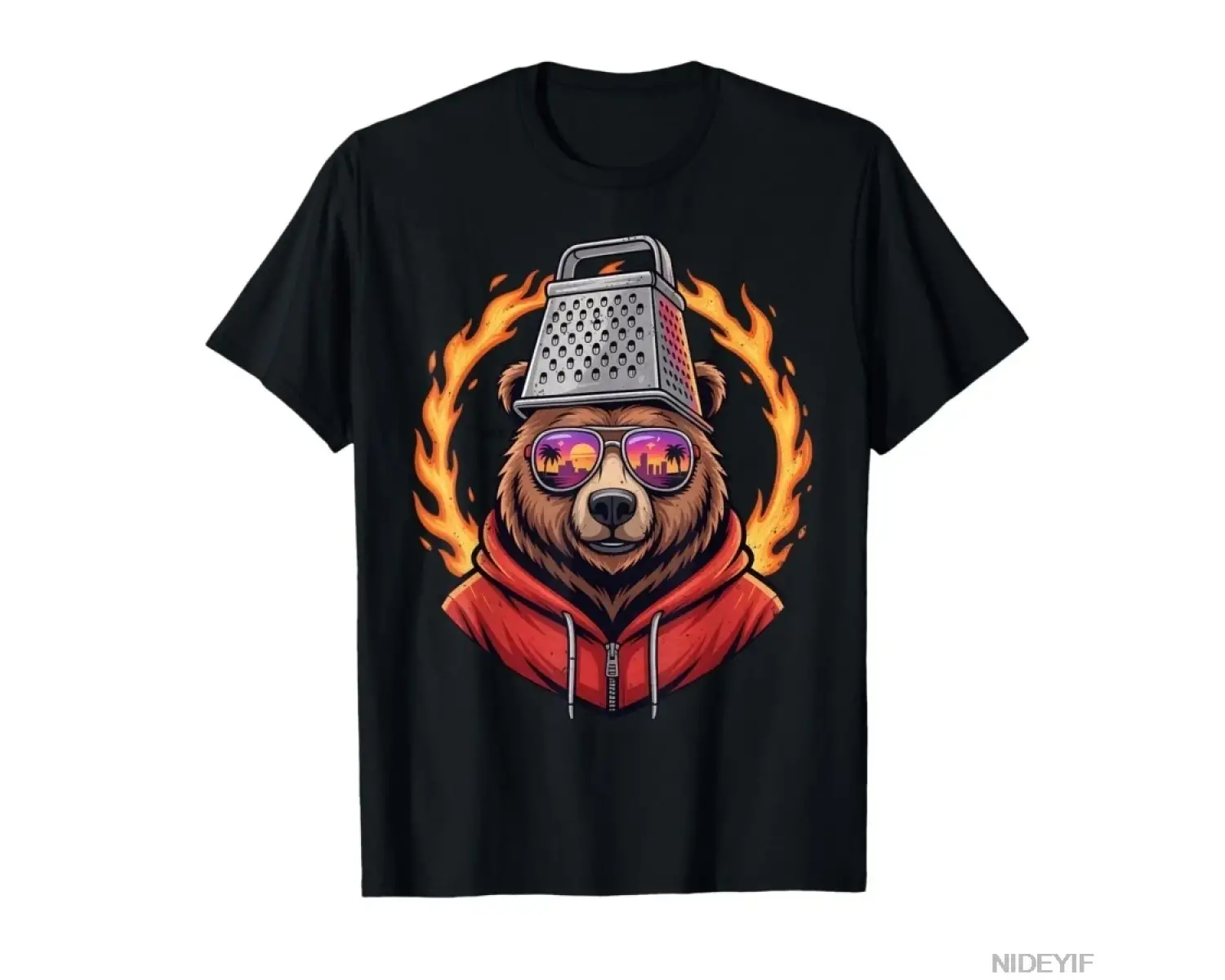 Retro Peynir Rendesi Şapkalı ve Güneş Gözlüklü Ayı Komik Tişört Erkek Kadın %100 Pamuk Tişört