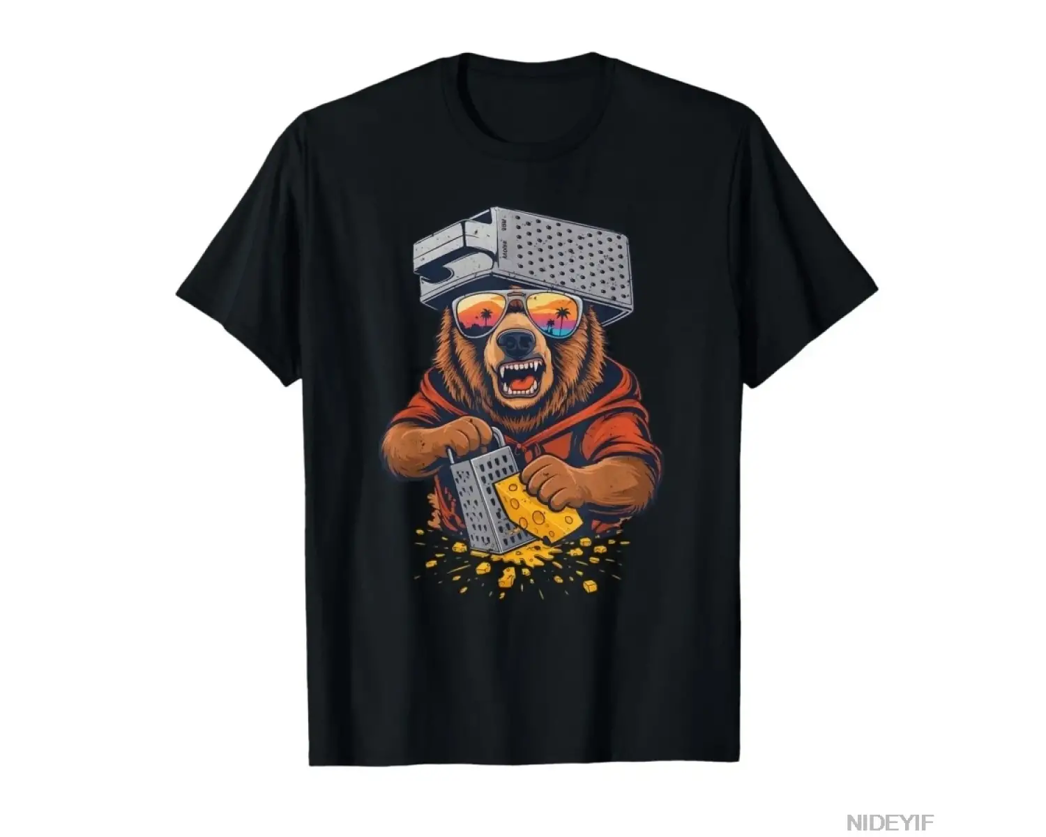 Retro Peynir Rendesi Şapkalı ve Güneş Gözlüklü Ayı Vintage Tişört Erkek Kadın %100 Pamuk Tişö