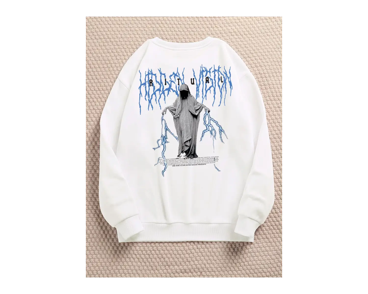 Ritual Mavi Renkli Oversize Bisiklet Yaka Pamuklu Sweatshirt Beyaz