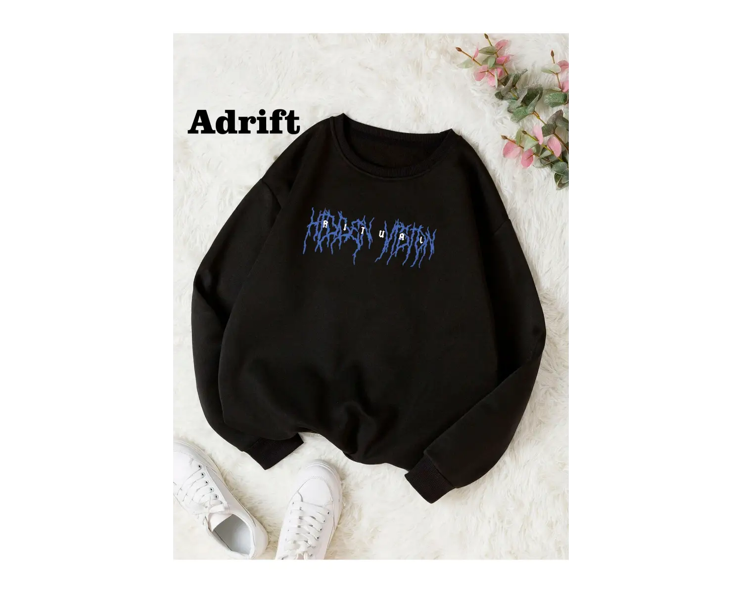 Ritual Mavi Renkli Oversize Bisiklet Yaka Pamuklu Sweatshirt Beyaz