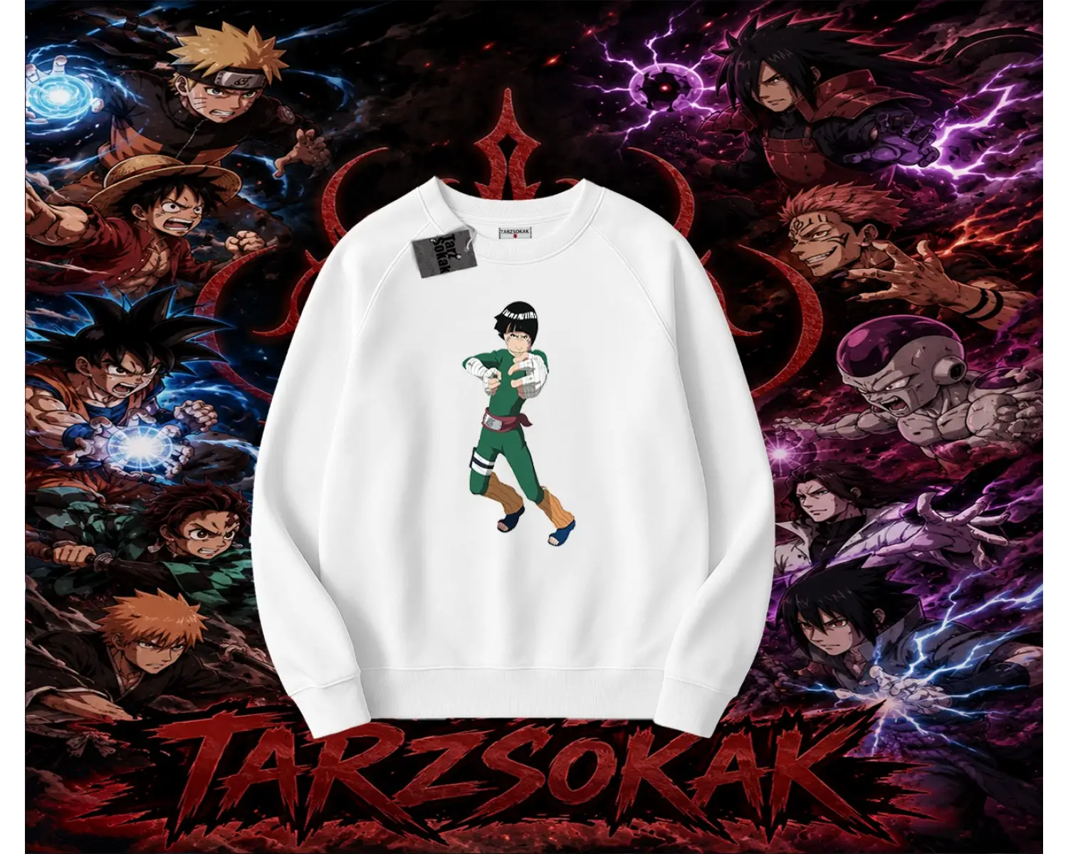 Rock Lee Naruto Anime Karakter Oversize Unisex Bisiklet Yaka Sweatshirt Beyaz