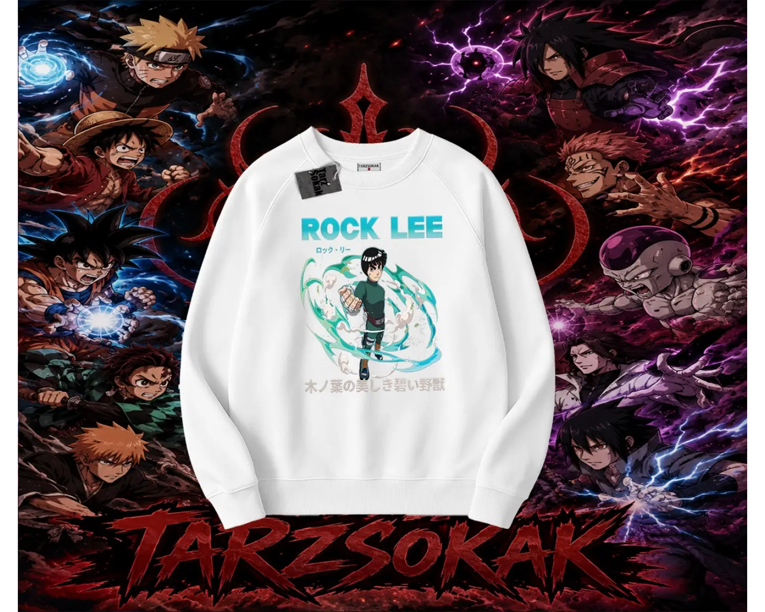 Rock Lee Naruto Anime Karakter Oversize Unisex Bisiklet Yaka Sweatshirt Beyaz
