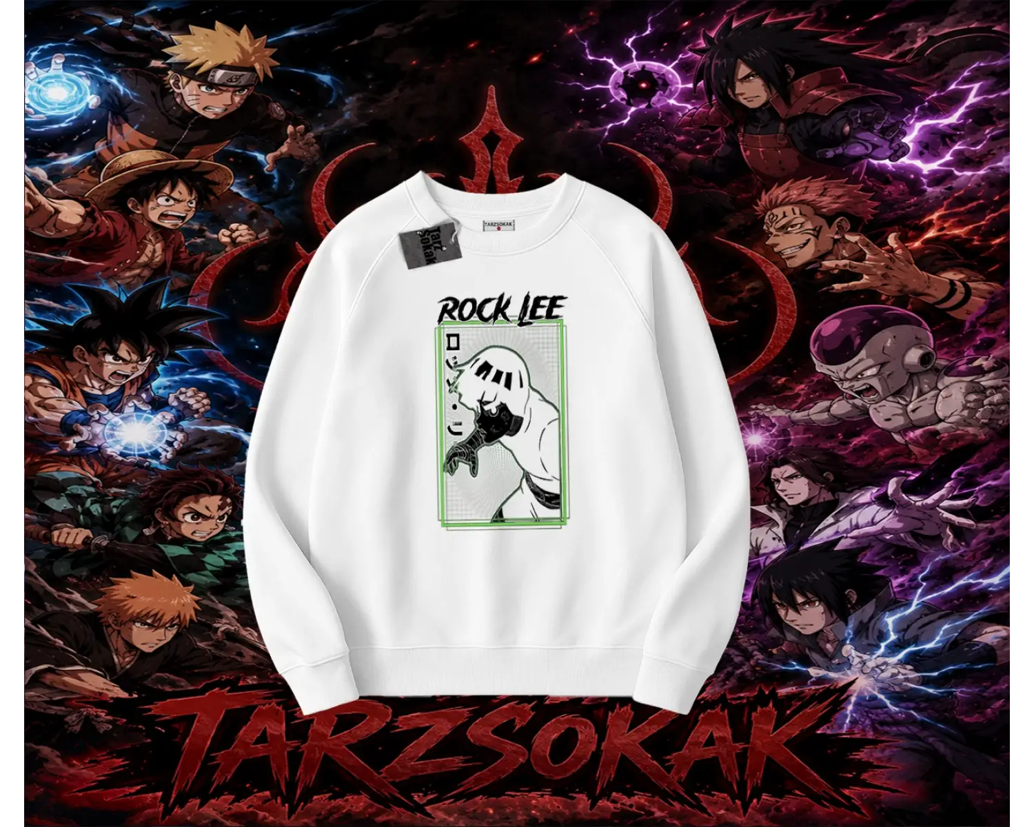 Rock Lee Naruto Anime Karakter Oversize Unisex Bisiklet Yaka Sweatshirt Beyaz