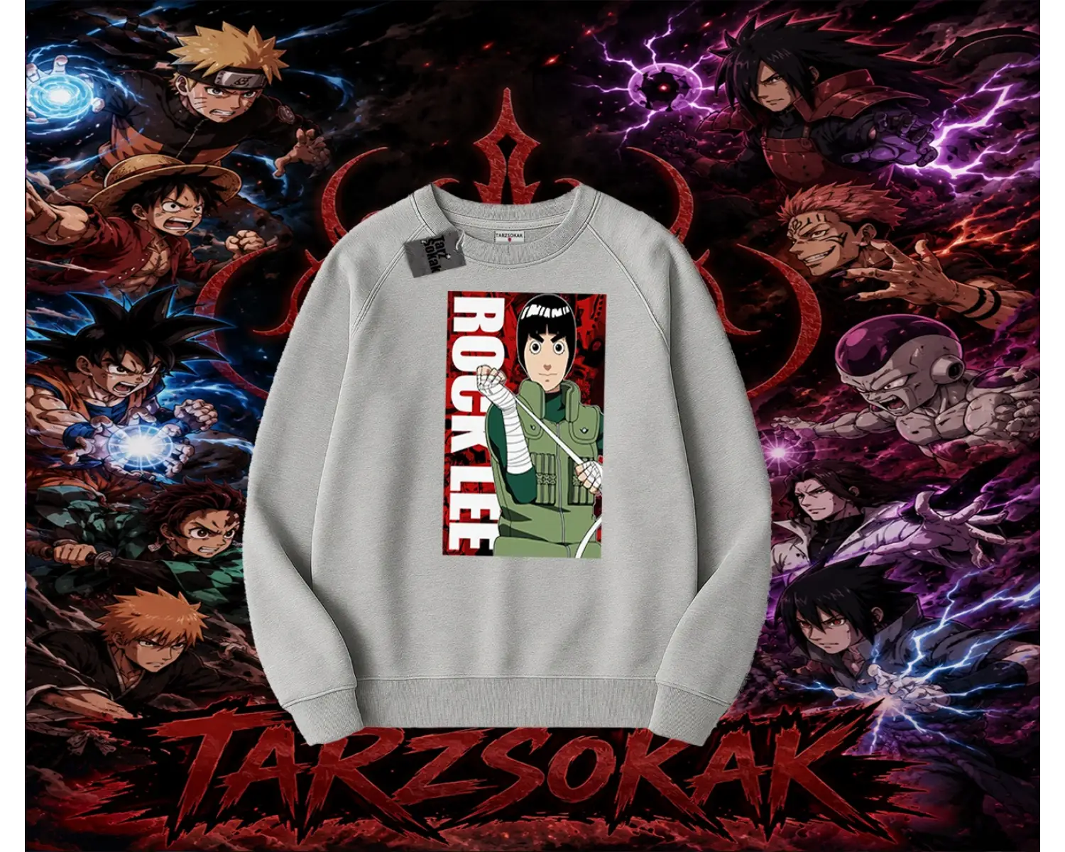 Rock Lee Naruto Anime Karakter Oversize Unisex Bisiklet Yaka Sweatshirt Beyaz