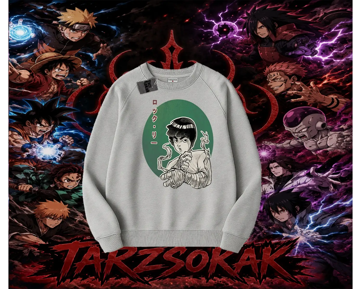 Rock Lee Naruto Anime Karakter Oversize Unisex Bisiklet Yaka Sweatshirt Beyaz