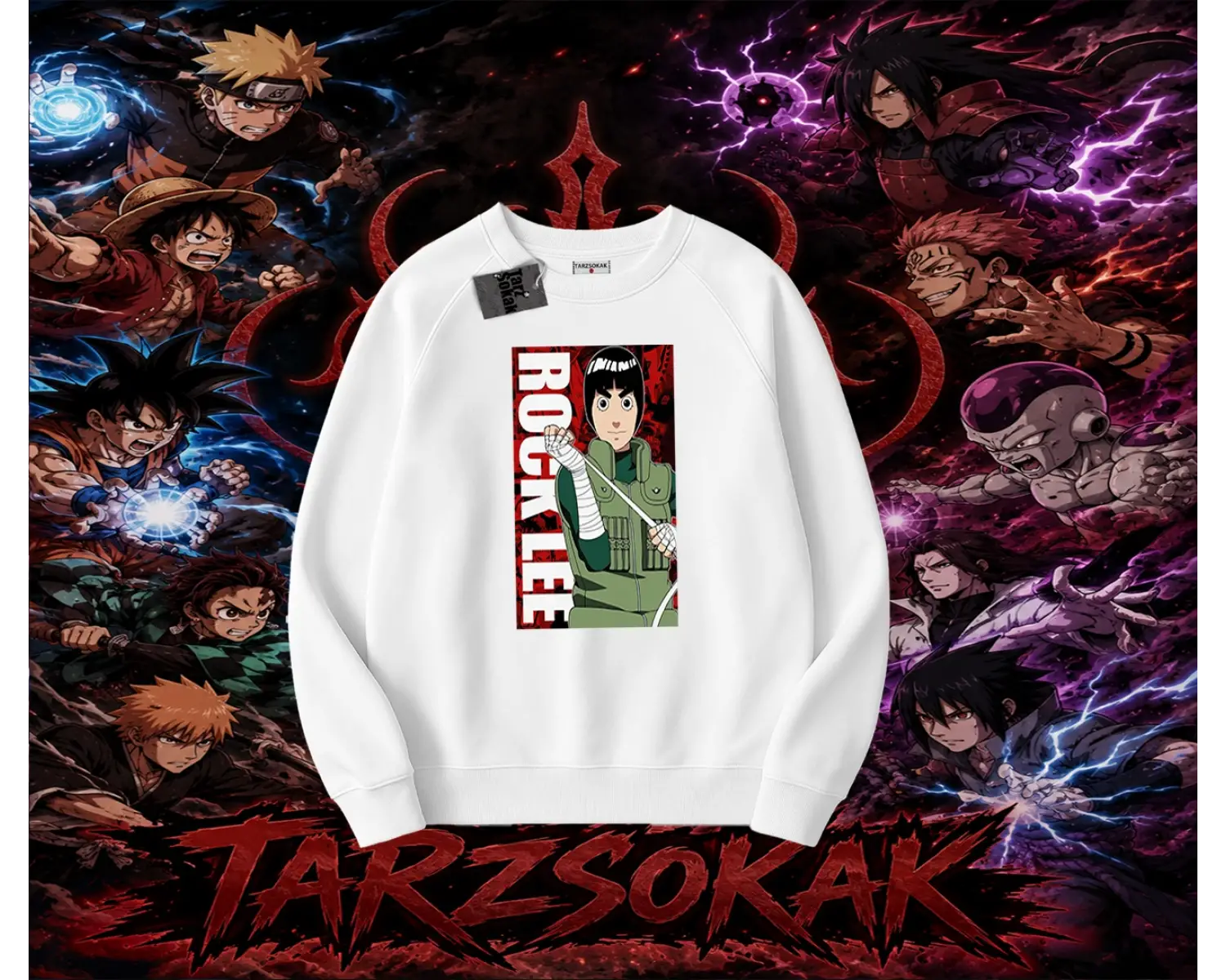 Rock Lee Naruto Anime Karakter Oversize Unisex Bisiklet Yaka Sweatshirt Beyaz