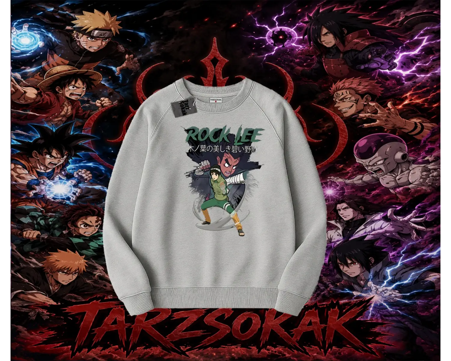 Rock Lee Naruto Anime Karakter Oversize Unisex Bisiklet Yaka Sweatshirt Beyaz