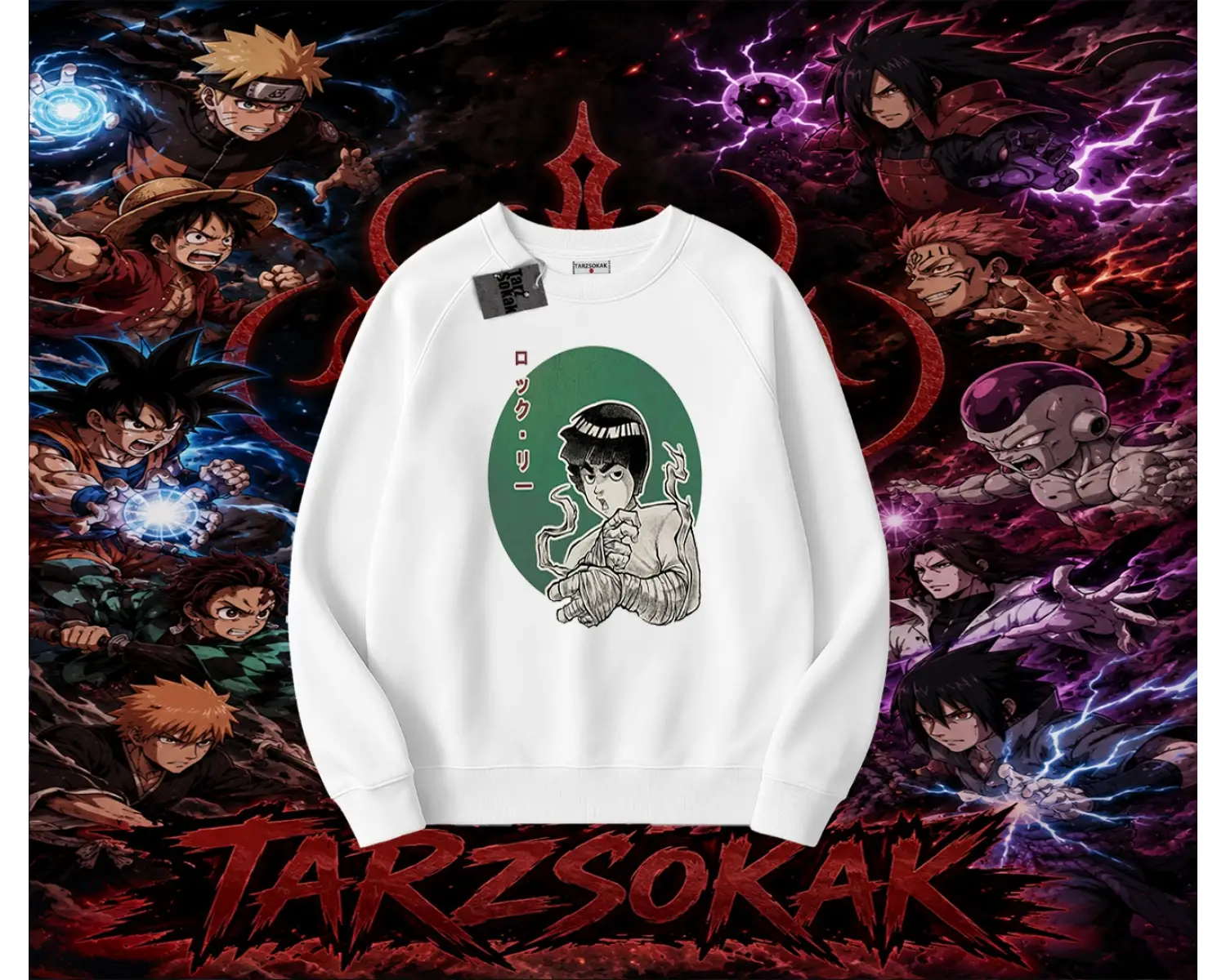 Rock Lee Naruto Anime Karakter Oversize Unisex Bisiklet Yaka Sweatshirt Beyaz