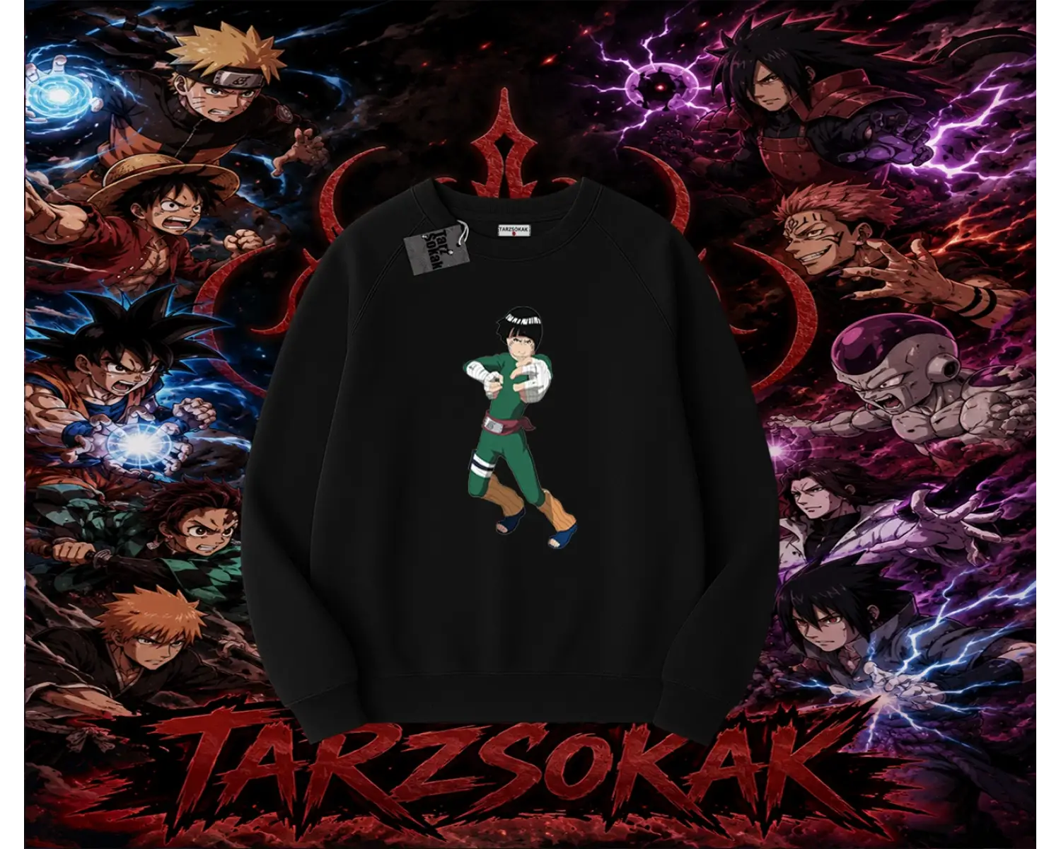 Rock Lee Naruto Anime Karakter Oversize Unisex Bisiklet Yaka Sweatshirt Beyaz