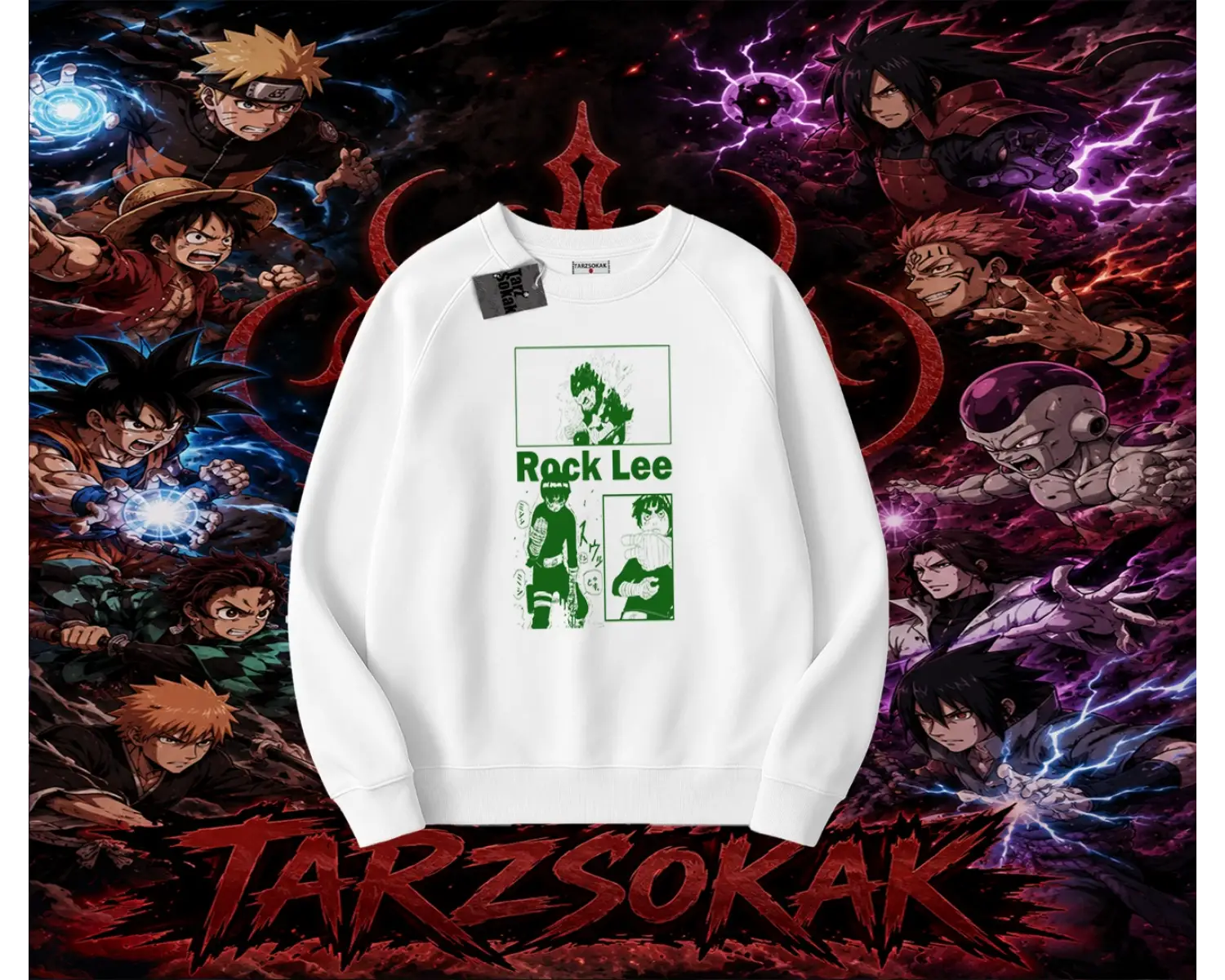 Rock Lee Naruto Anime Karakter Oversize Unisex Bisiklet Yaka Sweatshirt Beyaz