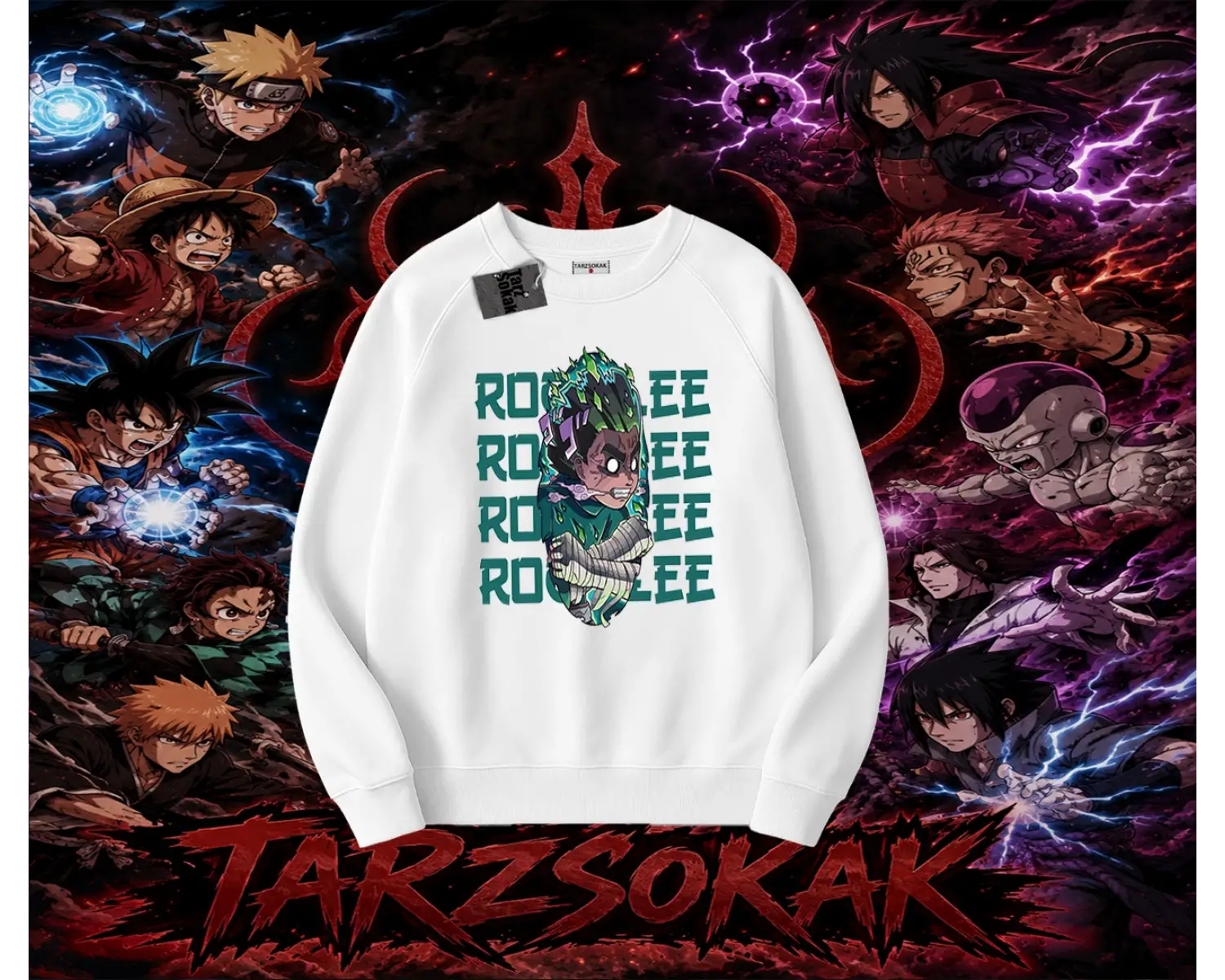 Rock Lee Naruto Anime Karakter Oversize Unisex Bisiklet Yaka Sweatshirt Beyaz