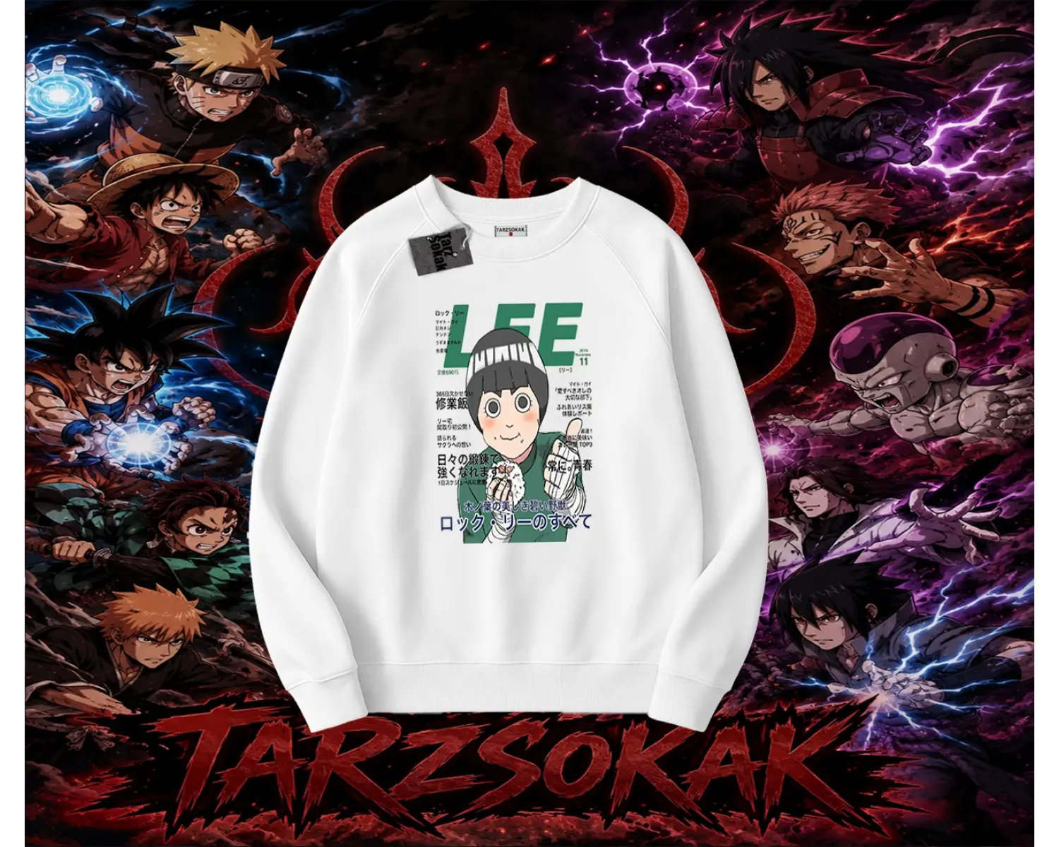 Rock Lee Naruto Anime Karakter Oversize Unisex Bisiklet Yaka Sweatshirt Beyaz