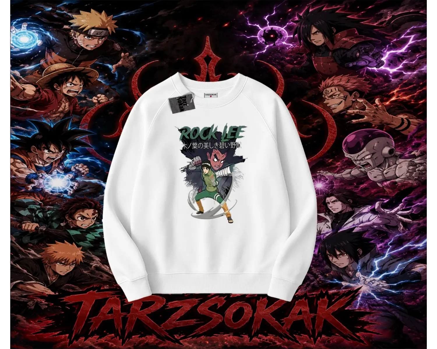 Rock Lee Naruto Anime Karakter Oversize Unisex Bisiklet Yaka Sweatshirt Beyaz